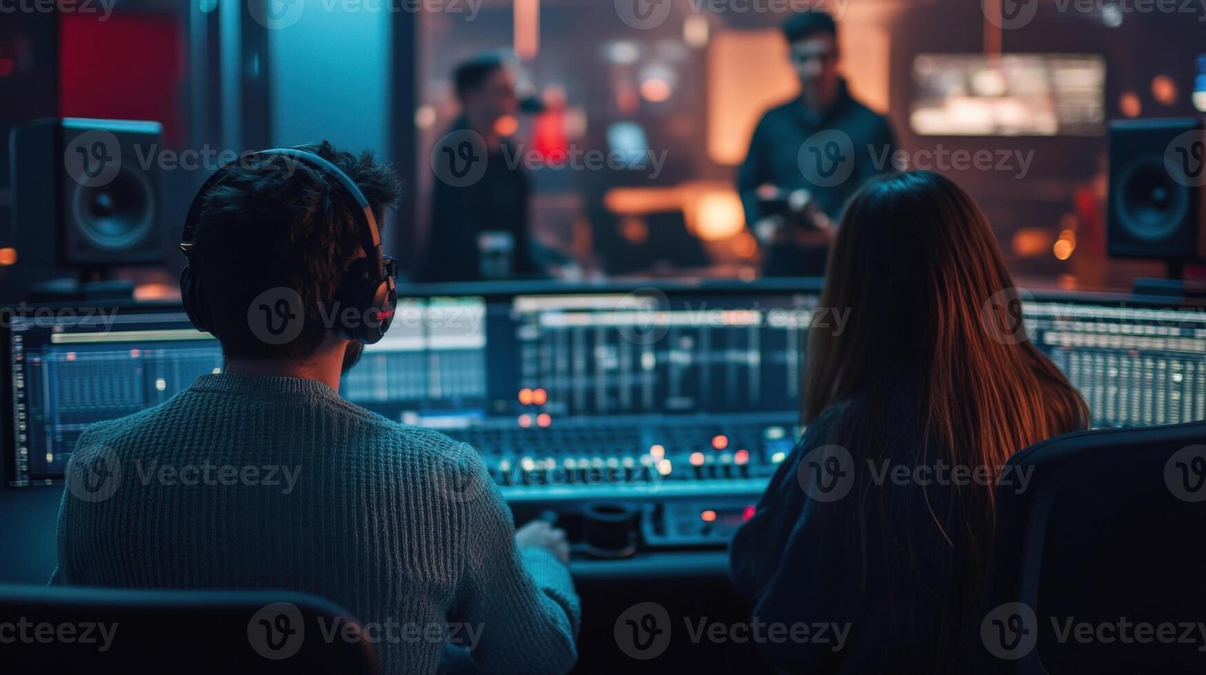 Audio engineers collaborating in modern studio environment photo
