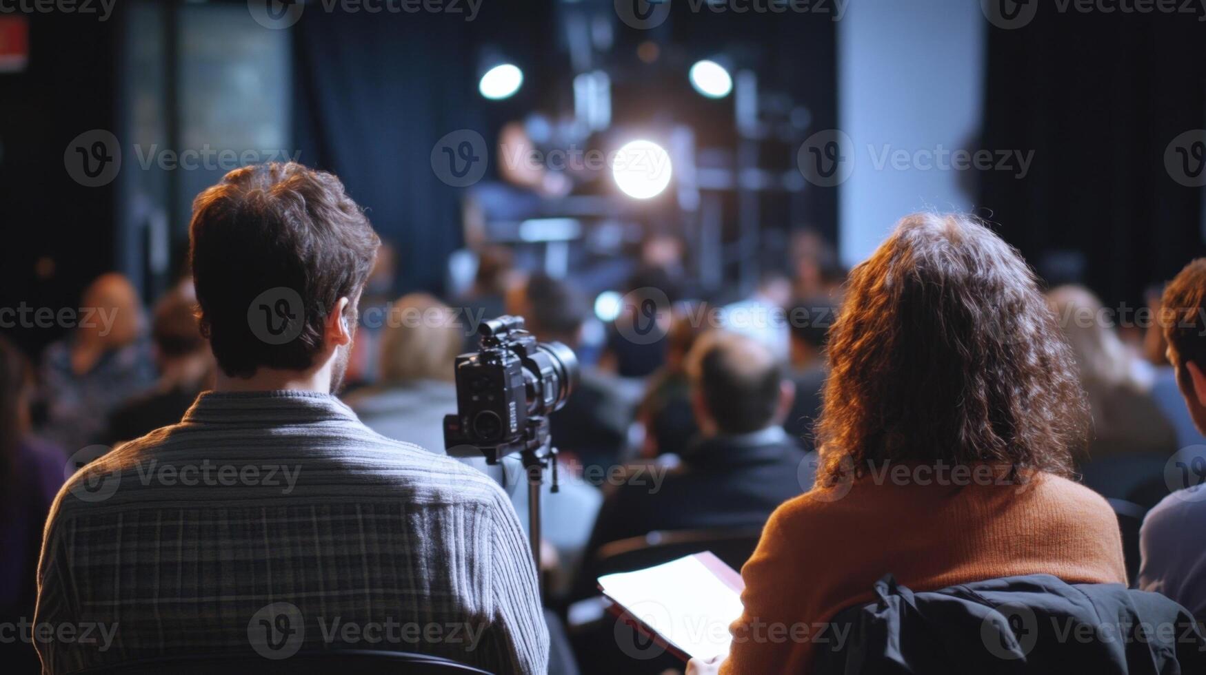 The camera captures a dynamic exchange between the hosts with one holding a notepad while the background shows the indistinct silhouettes of the audience emphasizing the contrast betwee photo