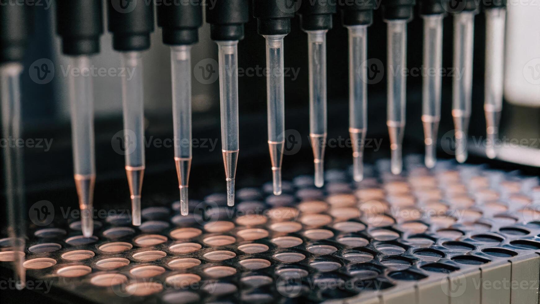 A closeup of an automated pipetting system with precision tips poised above a multiwell plate ready to dispense various colored liquids into the wells for an experiment.. photo