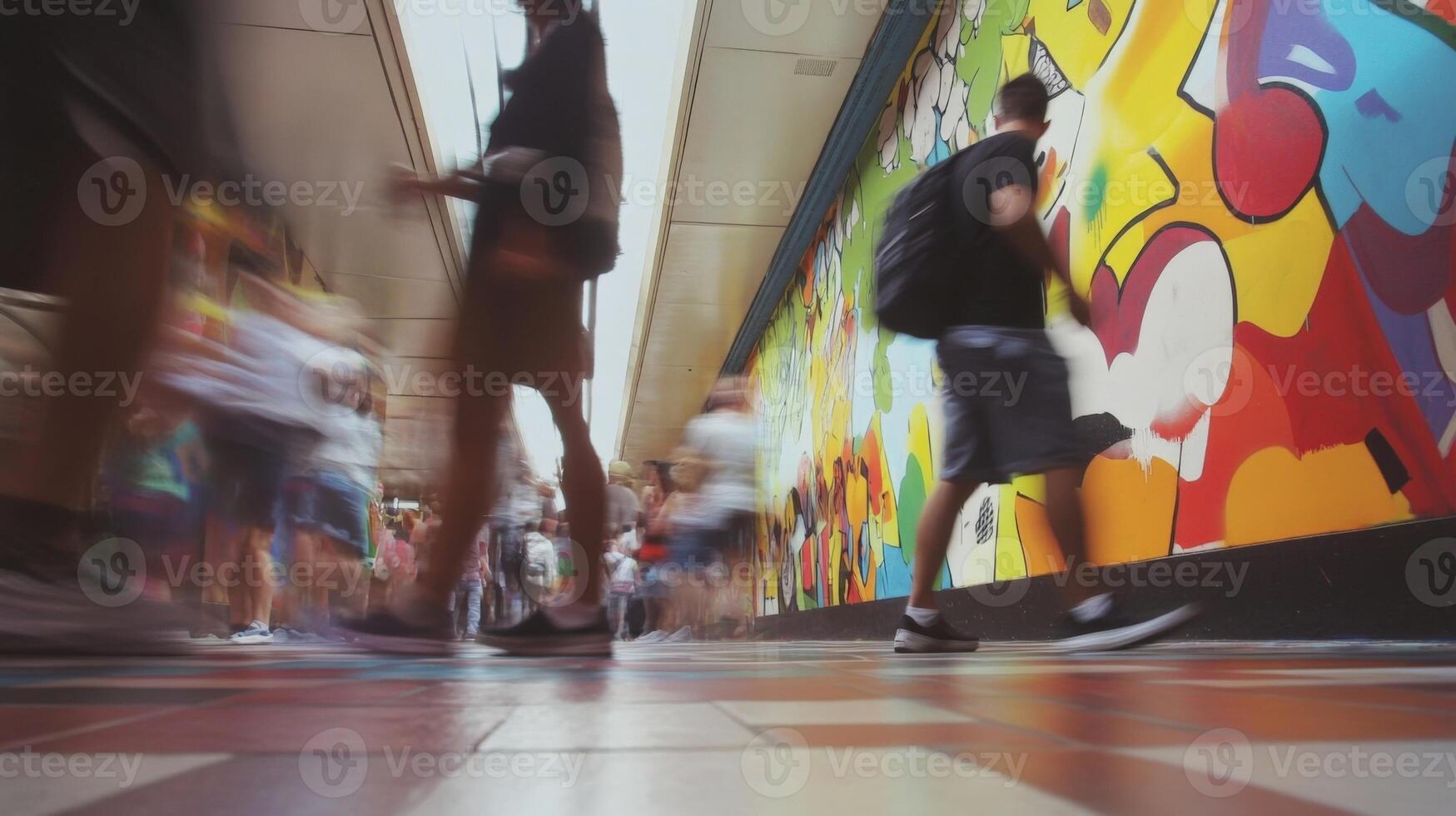 Tourists walking in a colorful hallway with motion blur effect photo