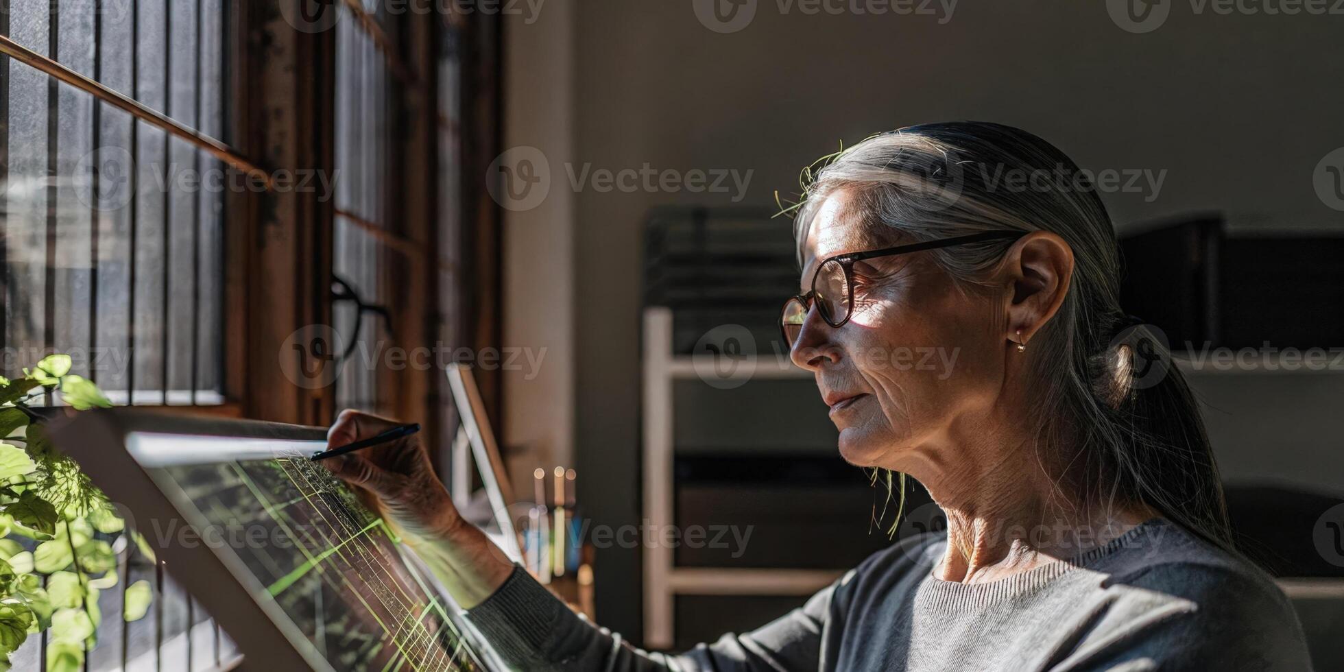 A senior womans thoughtful expression captured as she analyzes trends displayed on a futuristic digital interface with wellarranged lab tools and bright lighting enhancing the. photo