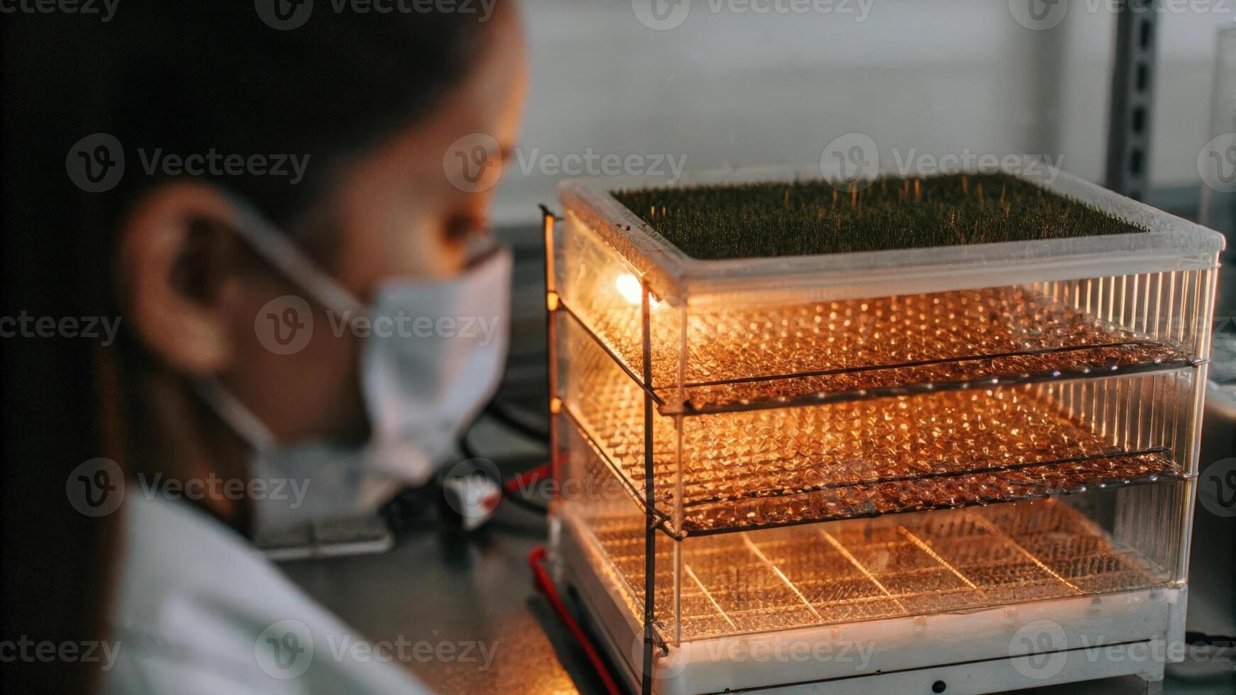A researchers face partially obscured by a protective mask illuminated by the glow of an incubator filled with genetically altered seeds displaying a mix of anticipation and. photo