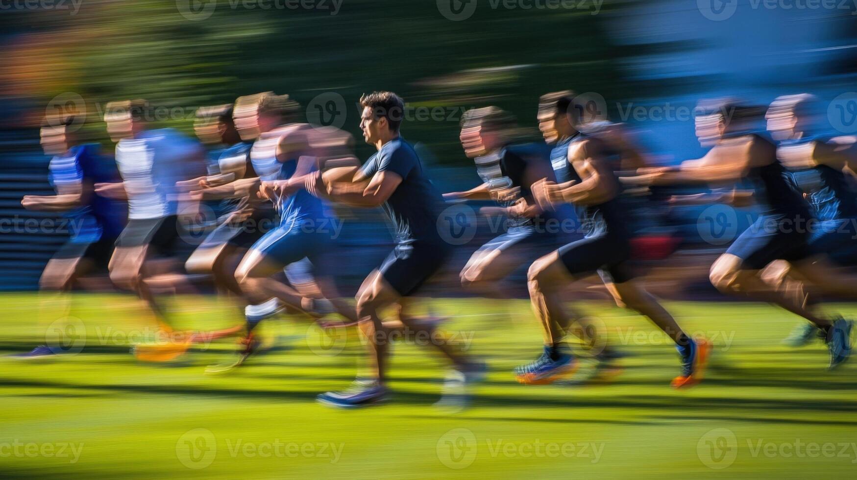 An intense moment captures a coach timing athletes as they sprint across a field with the blurred outlines of training equipment and tered sports gear providing a vibrant backdrop photo