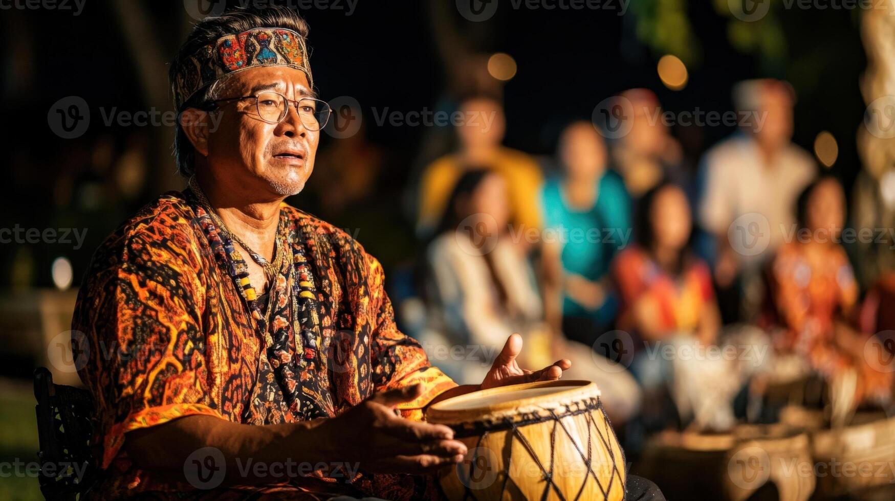 The scene depicts a captivating traditional storytelling session with a performer animatedly narrating tales under soft ambient lighting. The audience is faintly visible their rap photo