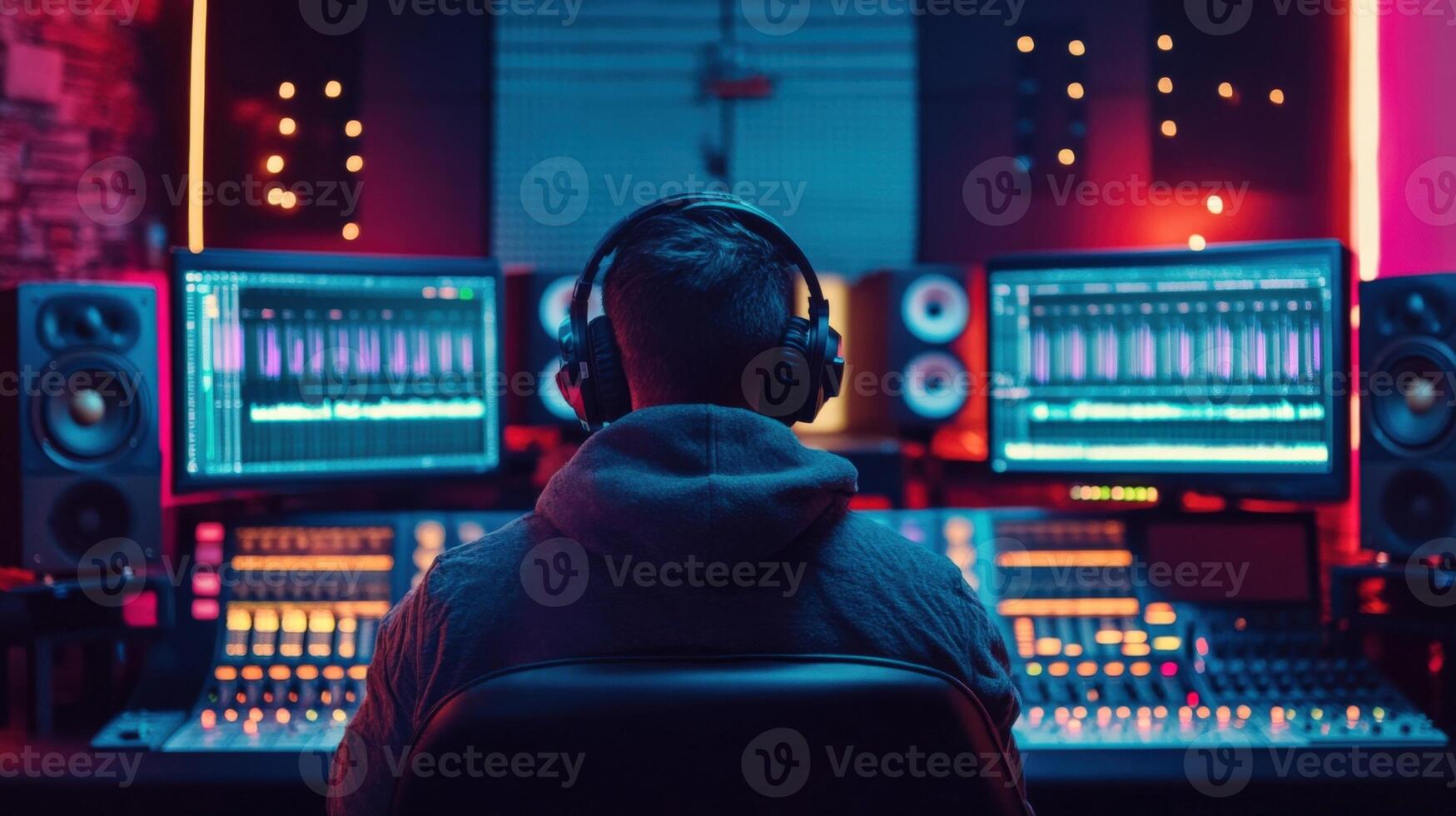 Audio engineer mixing music using professional equipment in recording studio photo