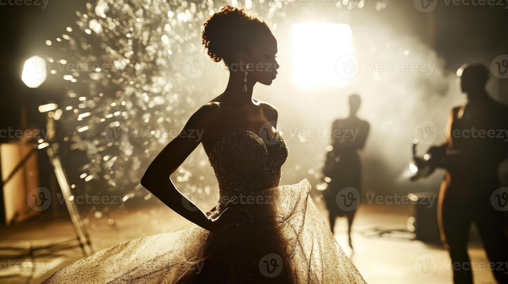Fashion model posing during photoshoot with sparkling background and film crew photo