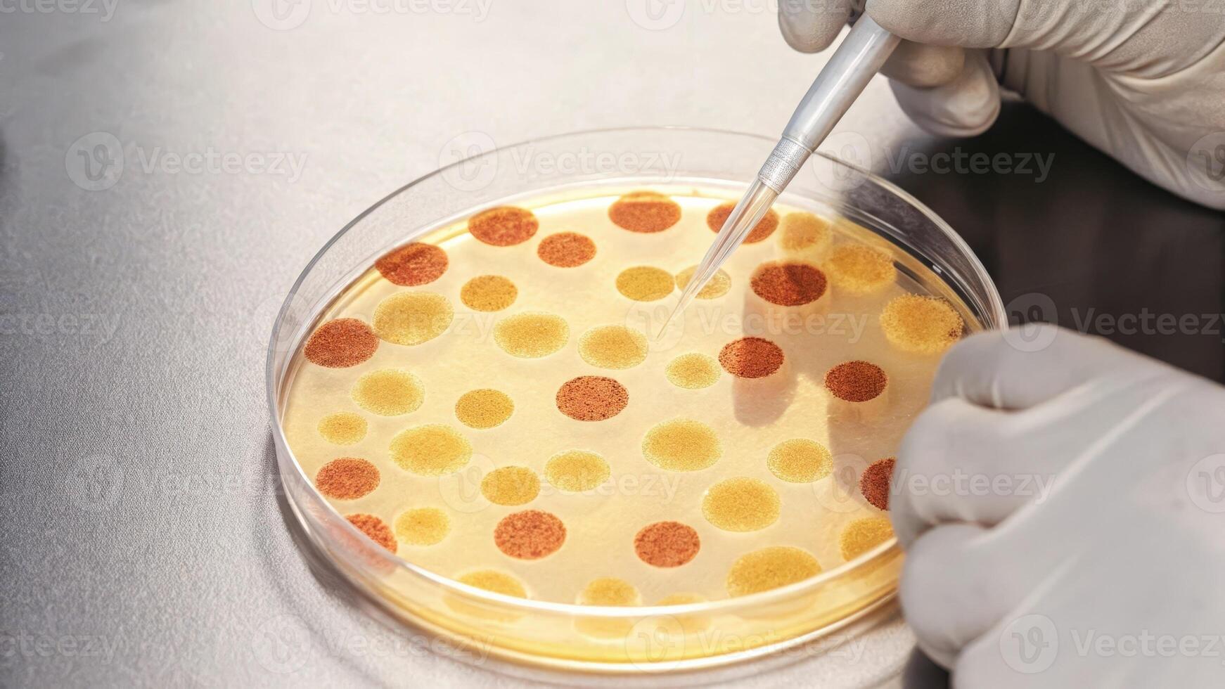 A closeup of a petri dish containing colorful genetically engineered food samples juxtaposed with a lab workers hands using a pipette showcasing innovative approaches to diet. photo
