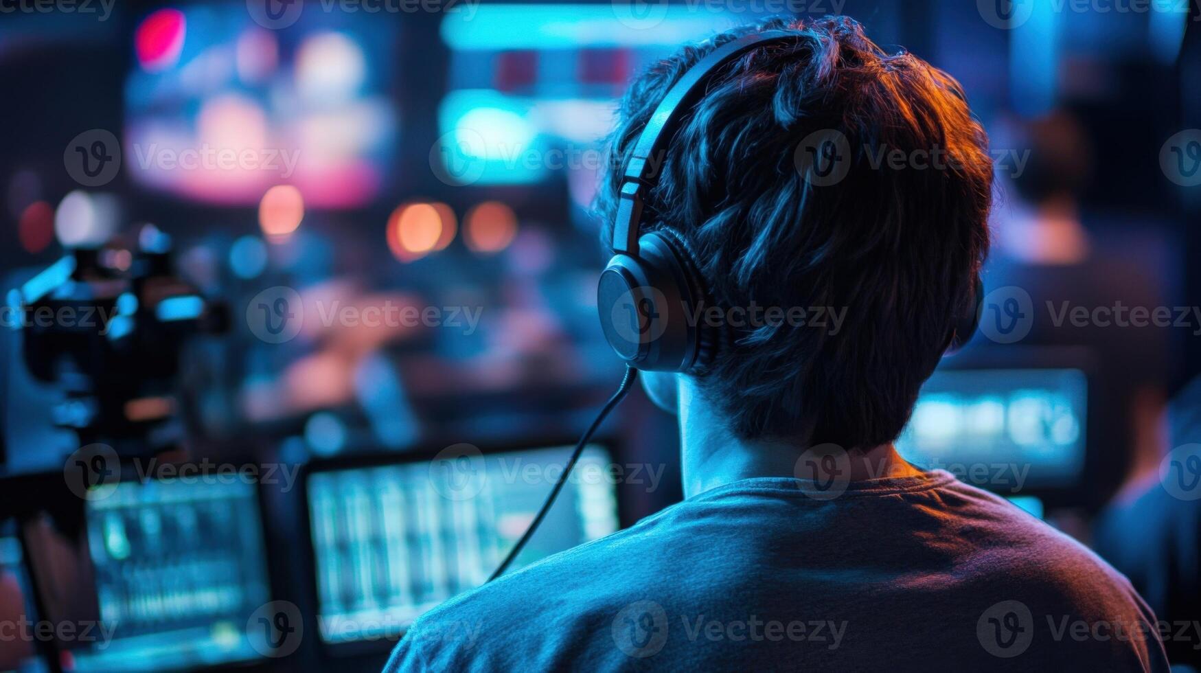 Film crew working during live event in broadcasting control room photo