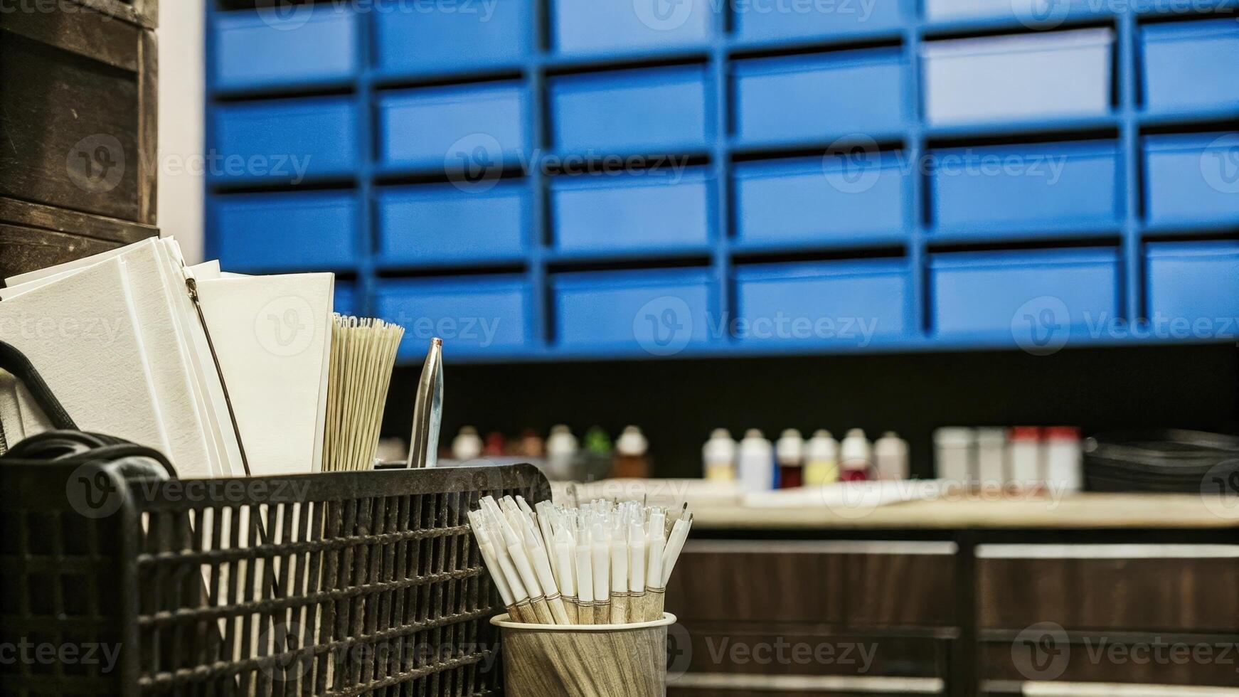A closeup view of a workstation cluttered with pipettes Petri dishes and essential lab equipment set against a backdrop of modular shelving units stocked with colorful reagents and. photo