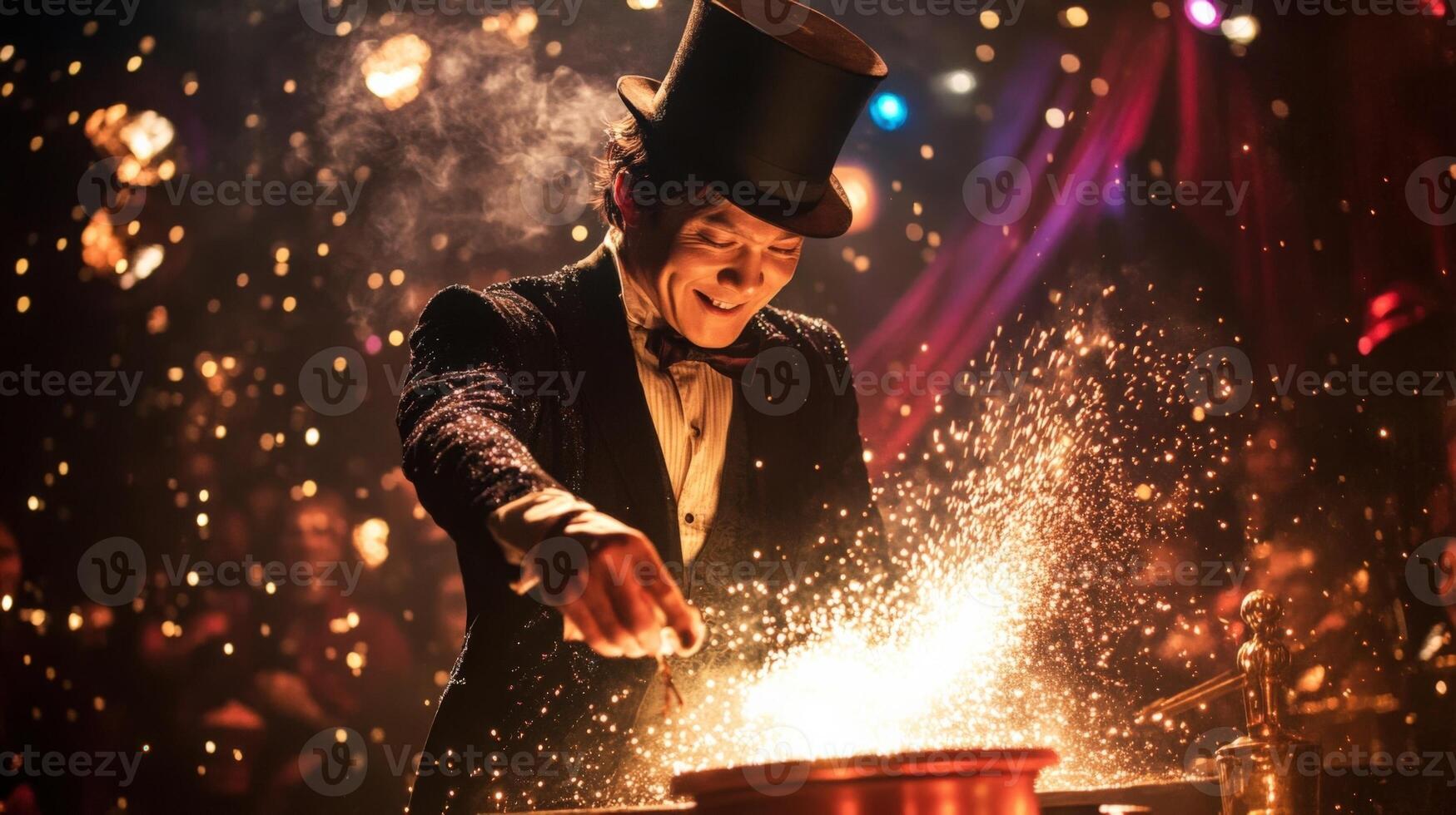 A magician captivates the audience with a mesmerizing trick the stage adorned with shimmering prop photo