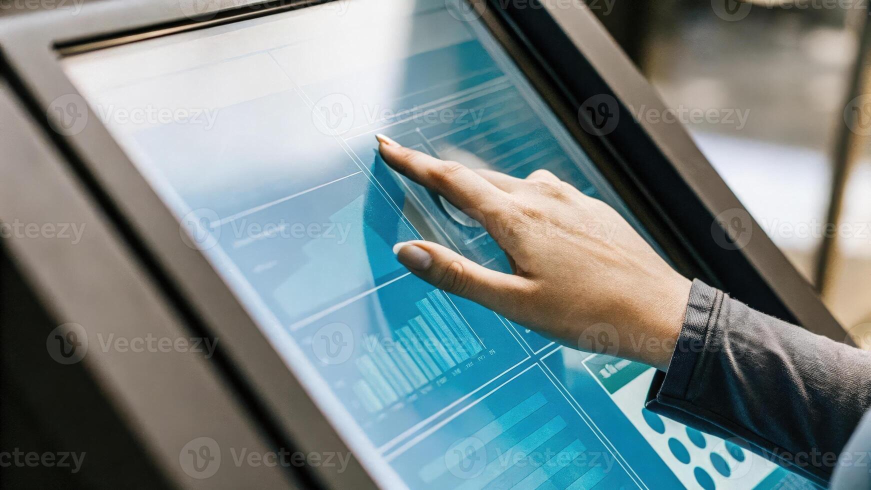 A closeup of a participants hand interacting with a touchscreen display that outlines personalized health biohacking strategies and data visualization.. photo
