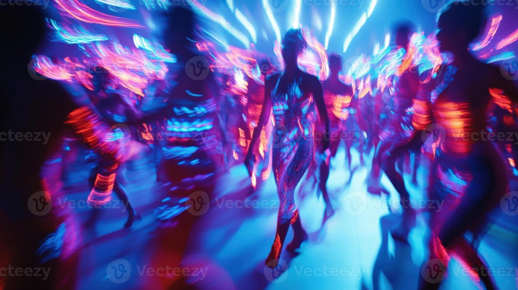 A closeup shot reveals the vibrant lighting design highlighting the performers with a backdrop of energetic fans blurred in motion adding a sense of excitement and intensity to th photo