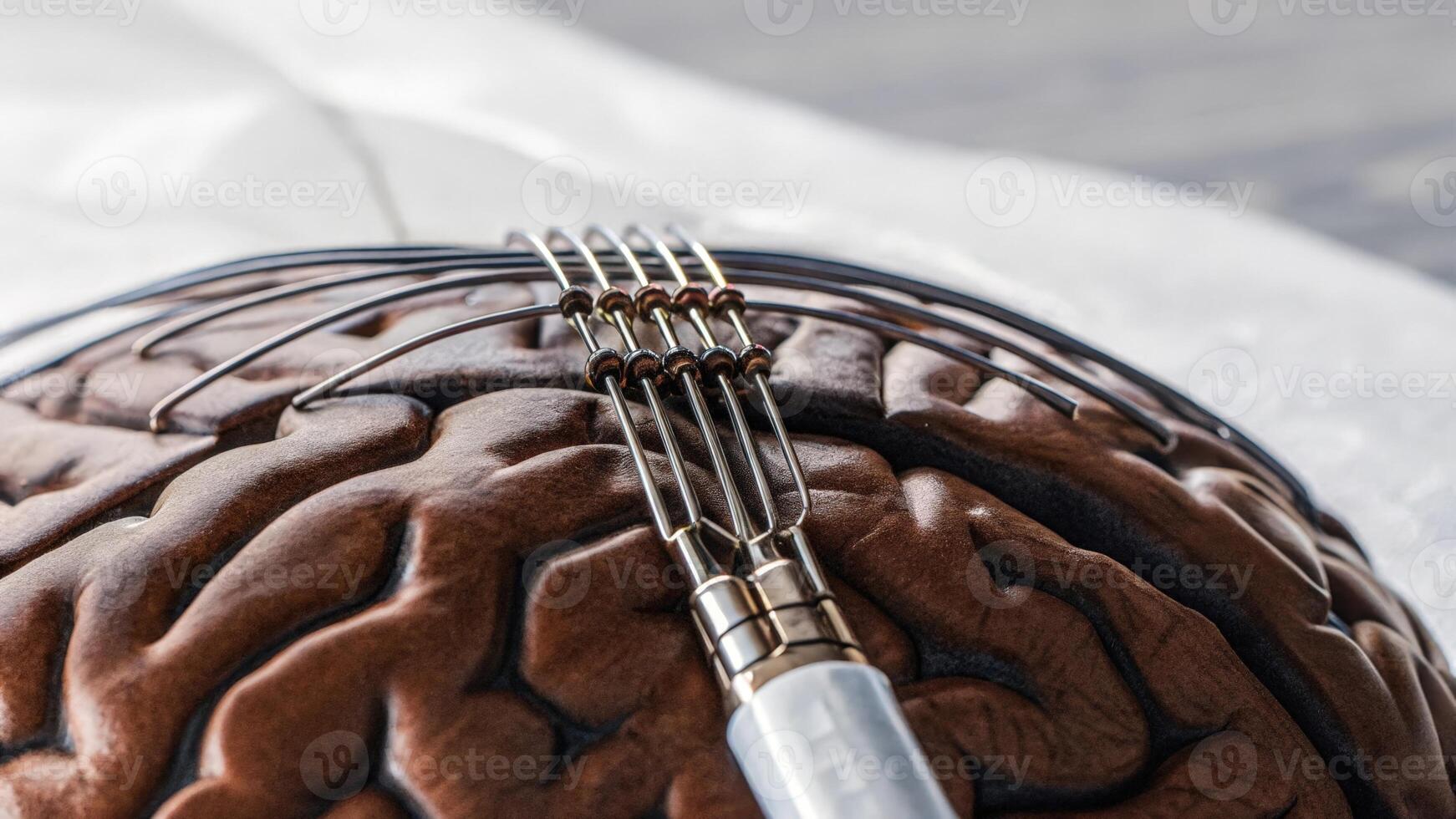 A closeup view of a brain implant device intricately designed with metallic circuits positioned against the textured surface of neural tissue.. photo