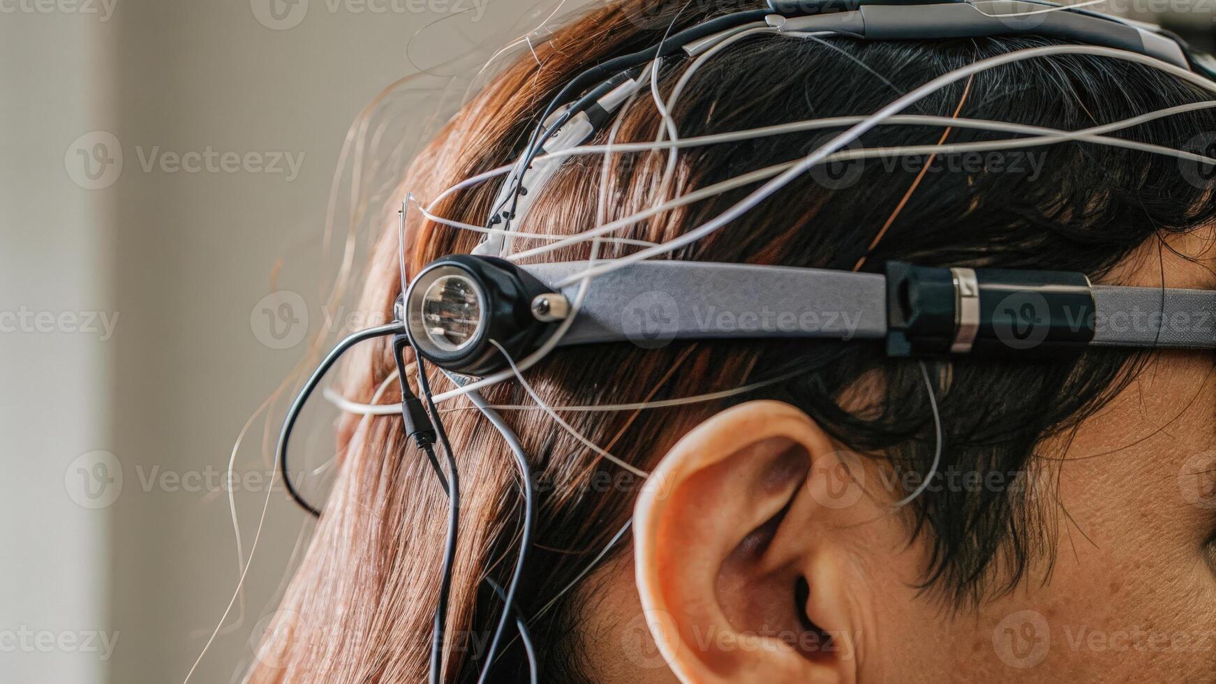 A close observation of a neural interface headset perched on a users head wires connecting to visible neurosensors that monitor brain activity in realtime.. photo