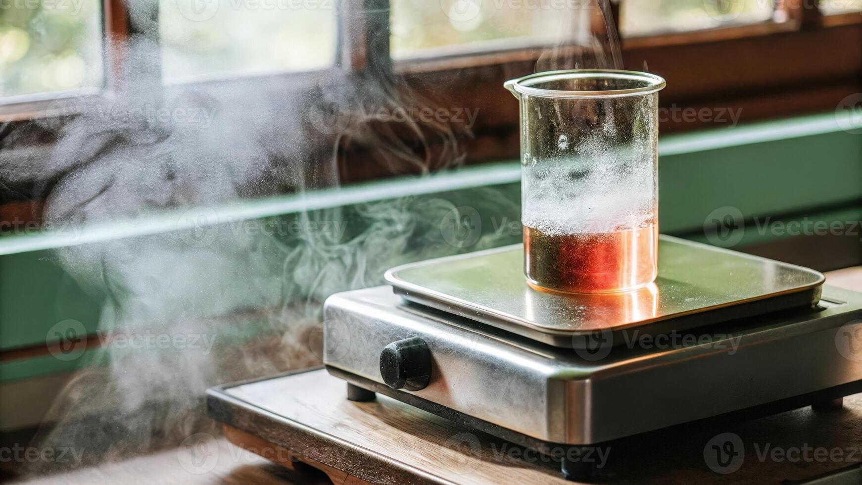 A closeup view of a portable hotplate with a beaker undergoing a gentle heating process steam rising as colored vapors mix visually highlighting the science of drug formulation.. photo