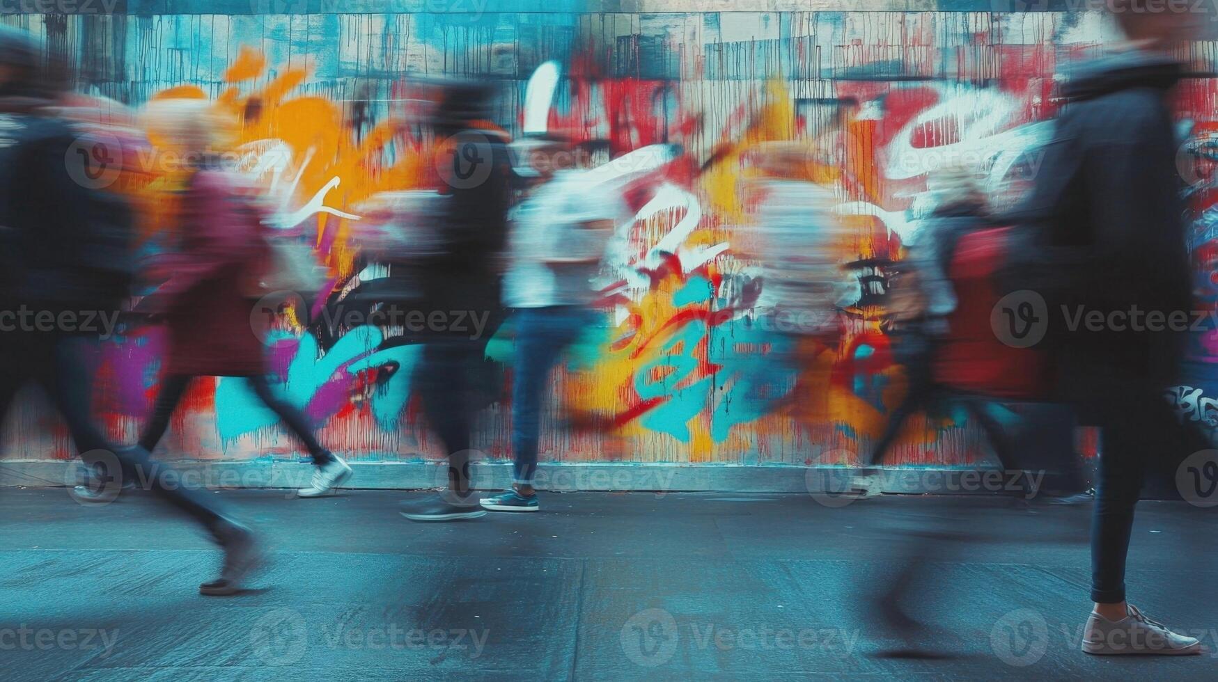 A documentary filmmaker captures the essence of street art as a muralist paints a vibrant graffiti piece while commuters rush by in blurred motion illustrating the contrast betwee photo