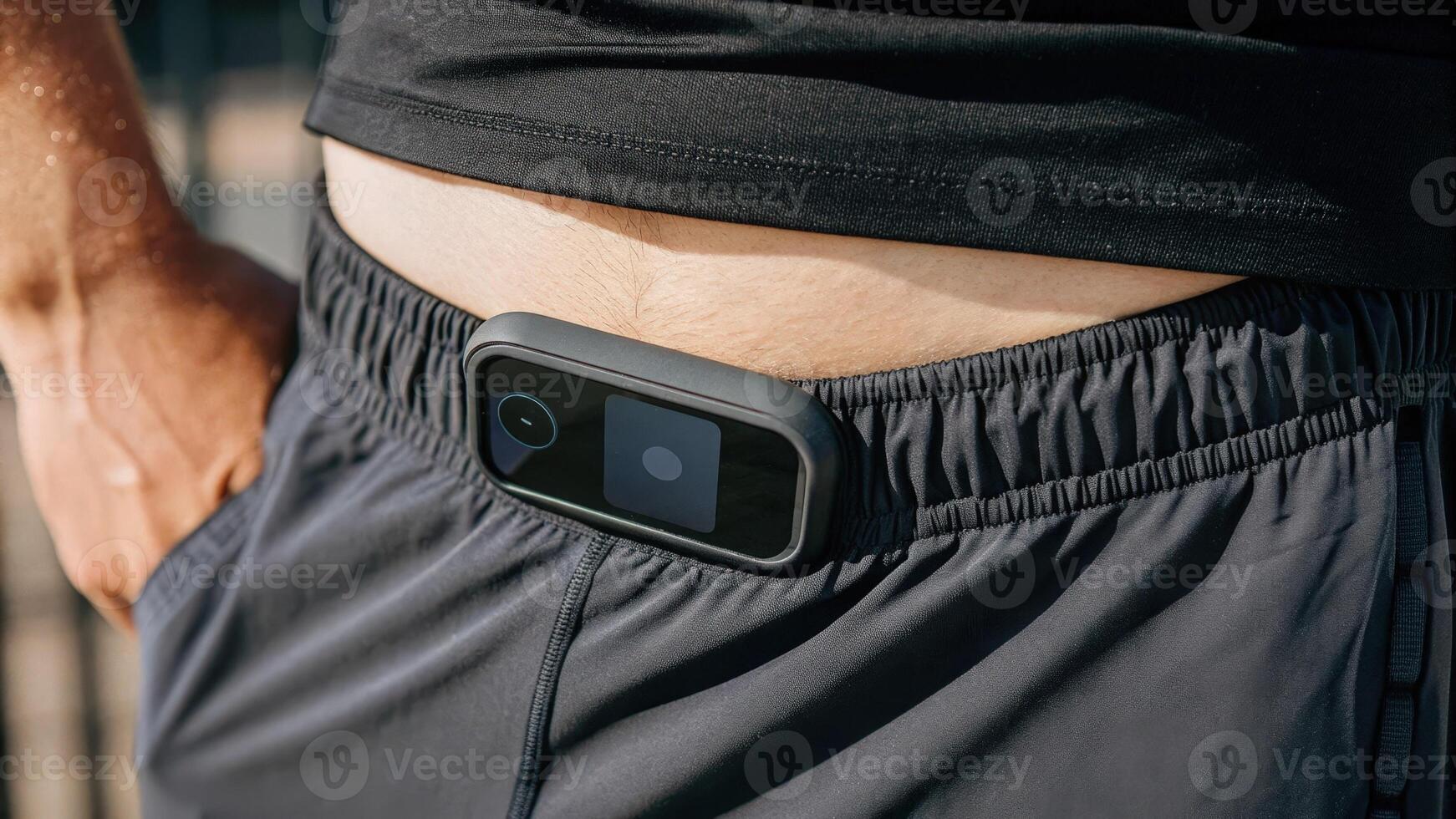 A closeup examination of fitnessfocused shorts showcasing a digital display integrated into the waistband that provides workout summaries and health metrics without a bulky form. photo
