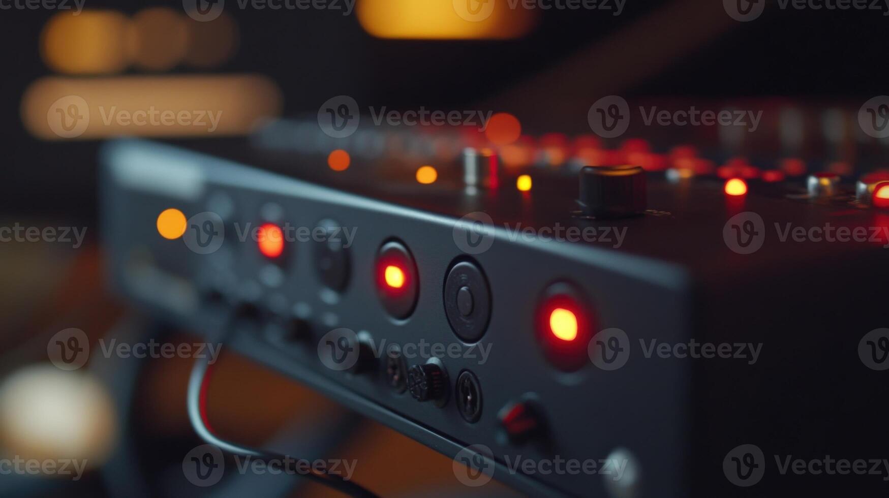 Professional audio mixer with illuminated buttons and knobs in operation photo