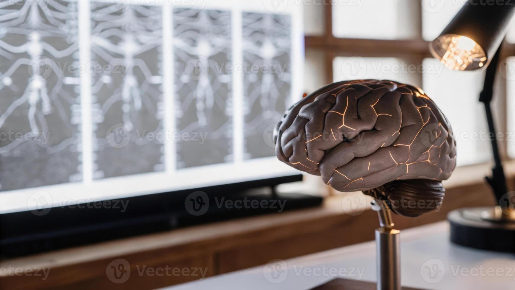 An illuminated brain implant with intricate microchips glistening under soft lighting positioned within a sleek laboratory setting filled with holographic displays depicting brain. photo