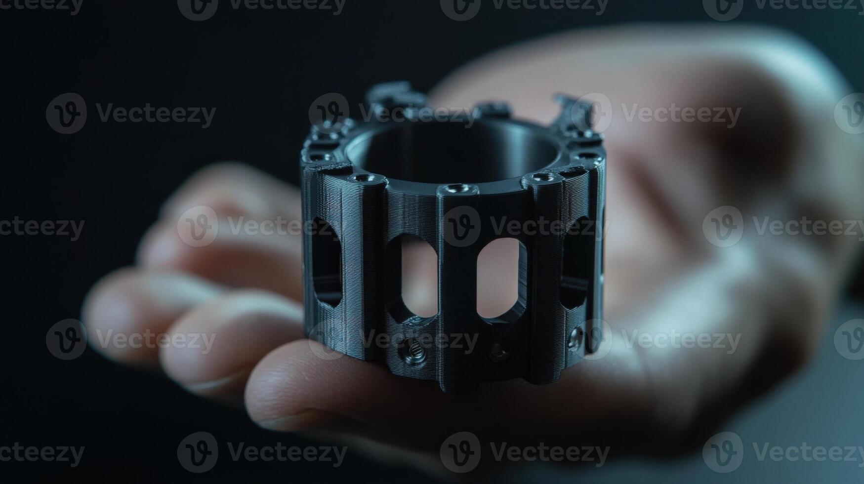 A macro perspective of a 3Dprinted lens holder designed for modular setups illustrating fine details in the grip design and how it accommodates different lens sizes showcasing the photo