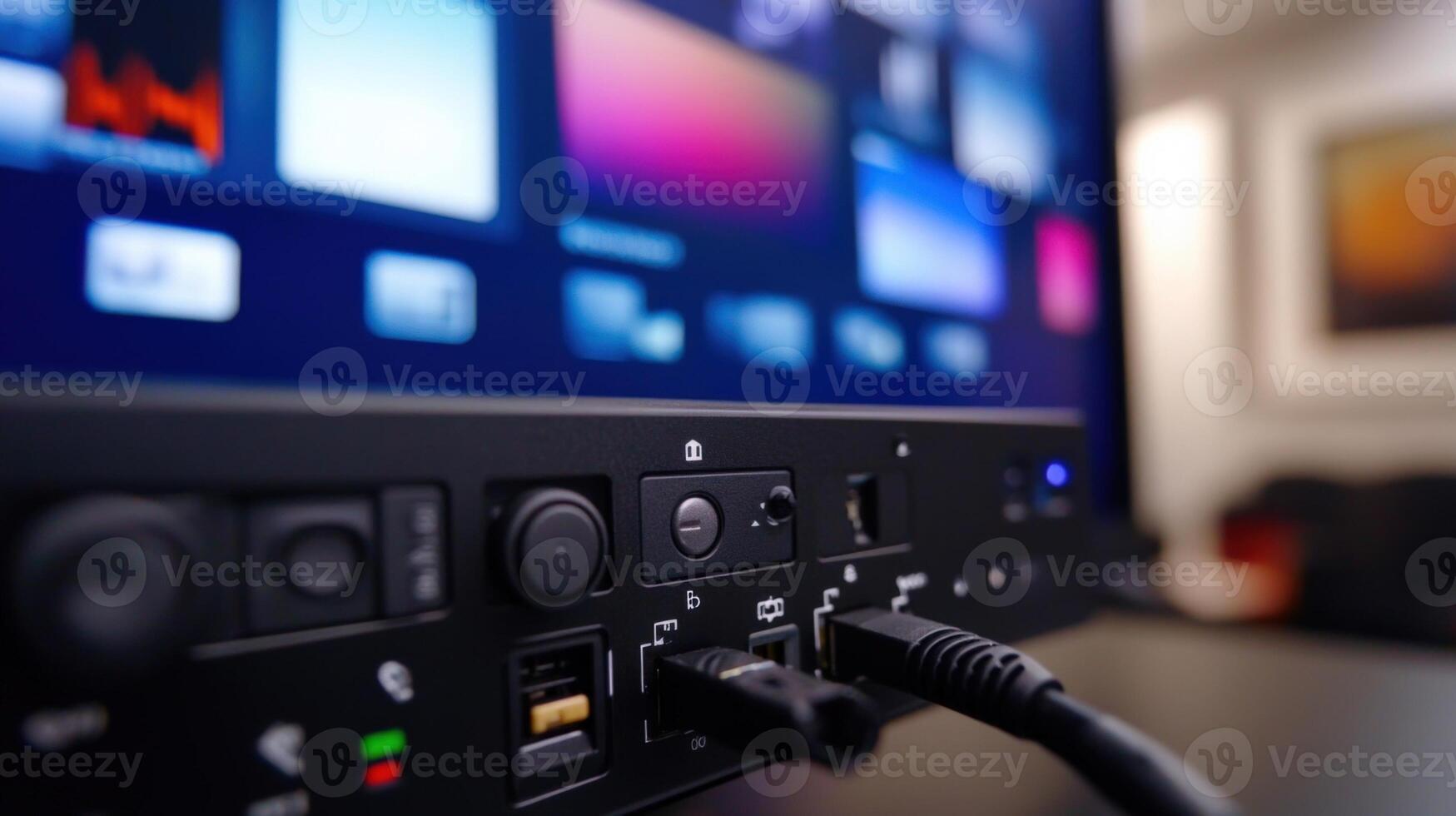 A closeup view captures the connection ports and control buttons of a high dynamic range monitor. Behind it multiple color calibration tools and reference charts are neatly arrange photo