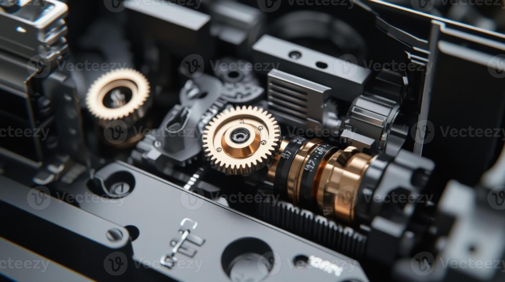 An advanced followfocus mechanism mounted on a cinema camera rig showcasing intricate gears and markings that allow for smooth precise adjustments with a dynamic scene being capture photo