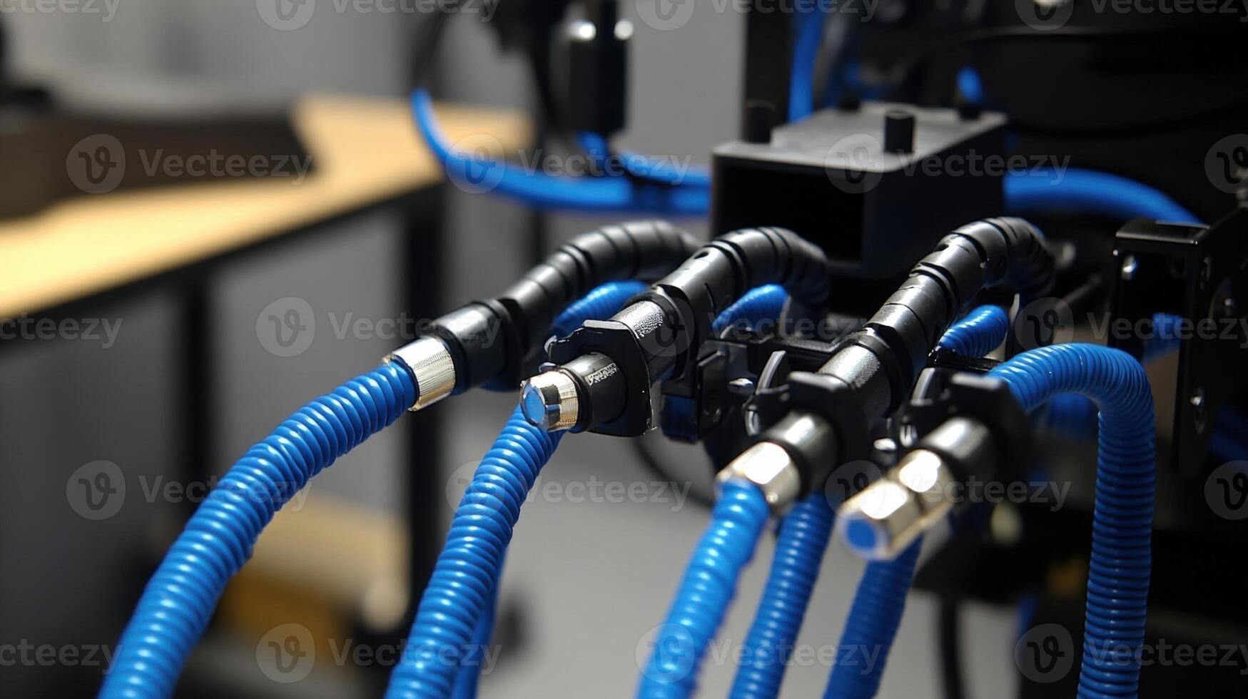 Close up of blue cables connecting to a robotic arm in a workshop photo