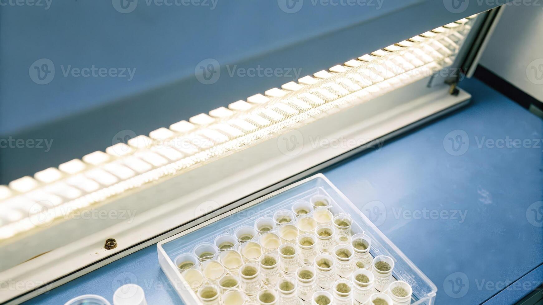 An overhead shot of a workstation with an array of test samples and a hightech incubator in the background illuminated by soft lab lighting showcasing the dynamic environment of. photo