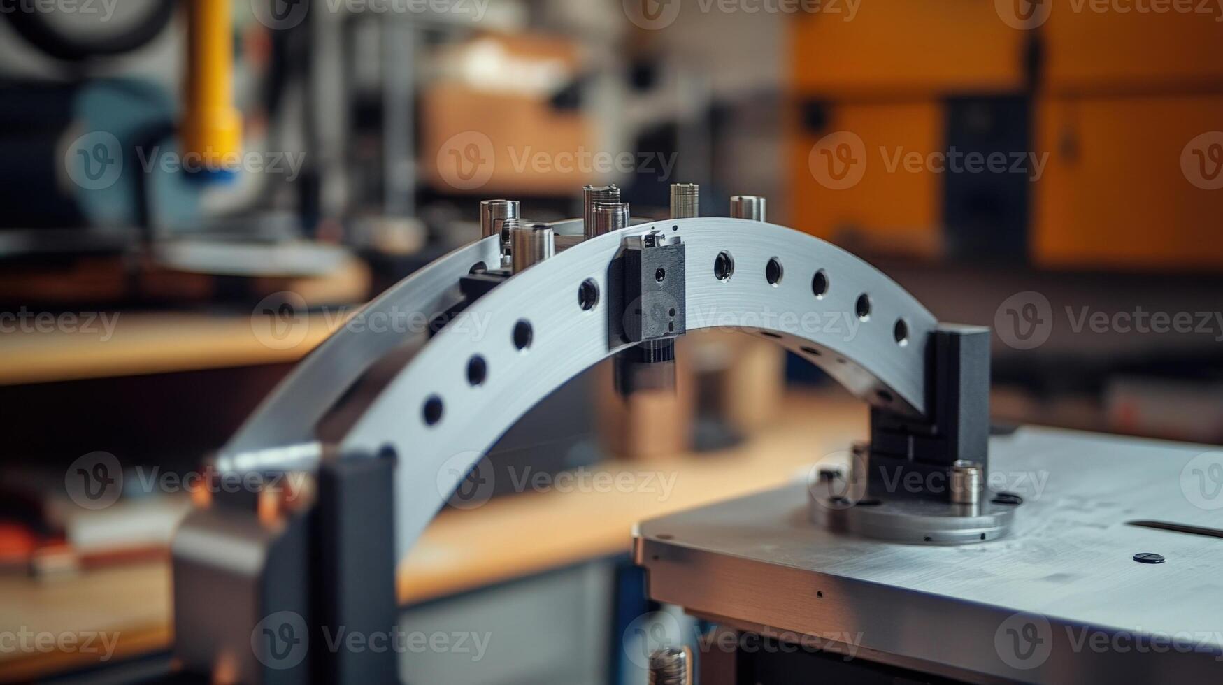 Metal part being processed by industrial automated machinery photo