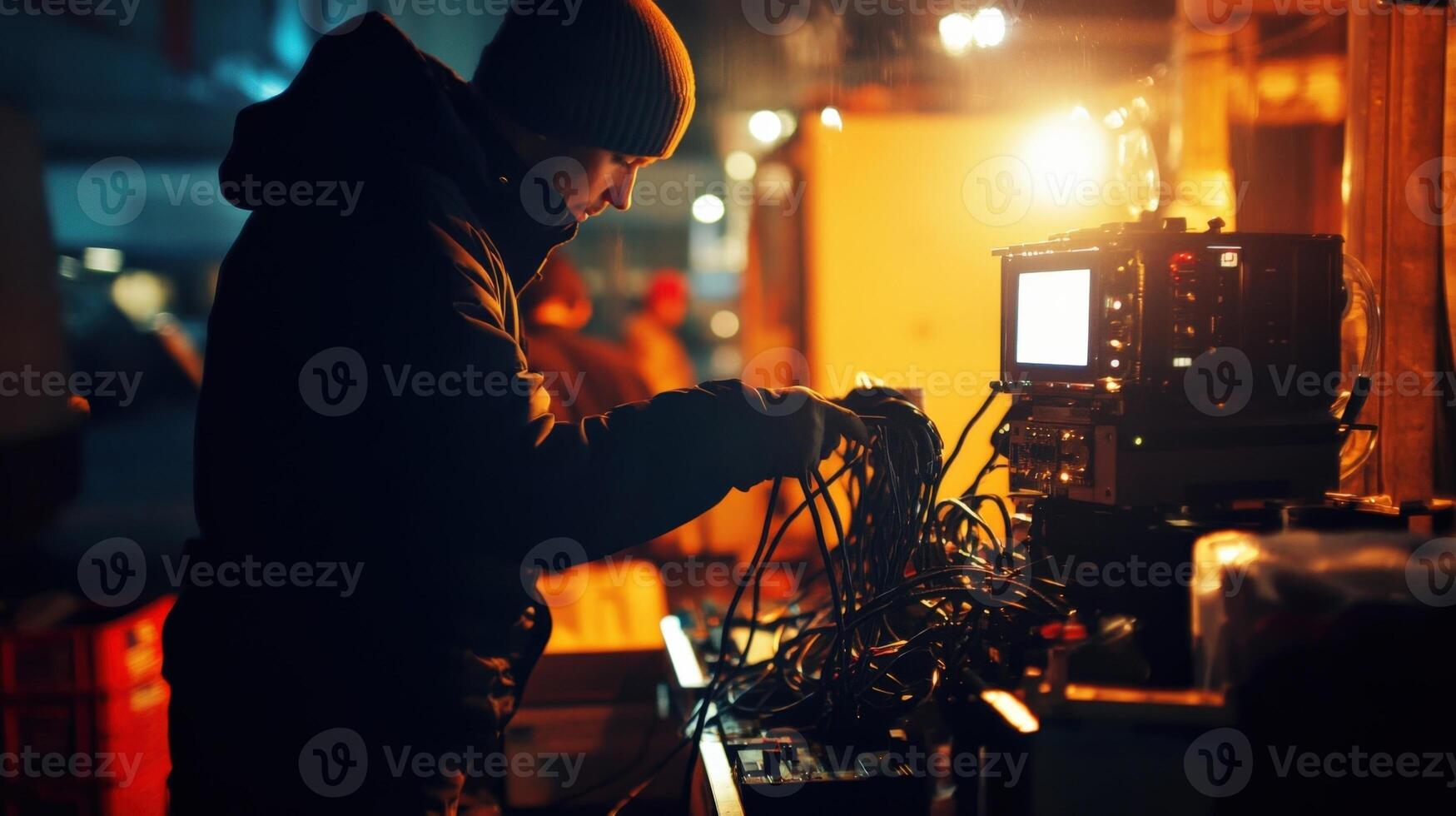 Videographer connecting cables to broadcasting control panel during night shooting photo