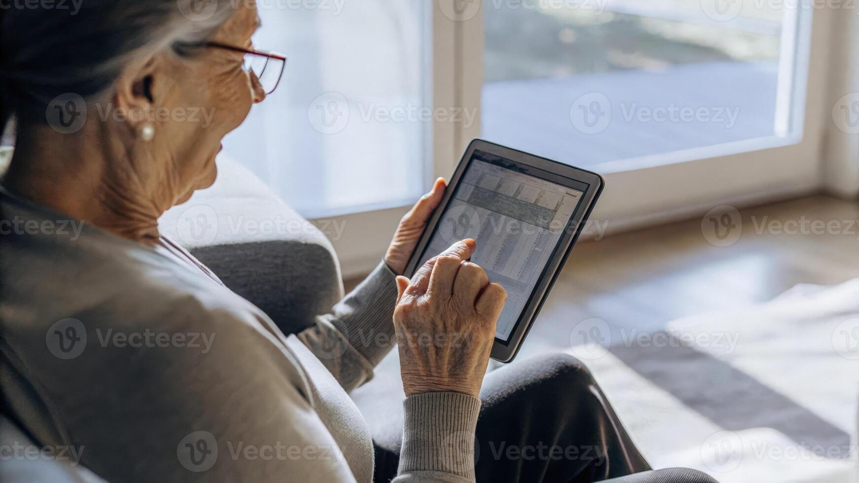 An older woman holds a DNA testing kit while consulting a digital tablet that analyzes her genetic information her expression thoughtful as she considers personalized health. photo