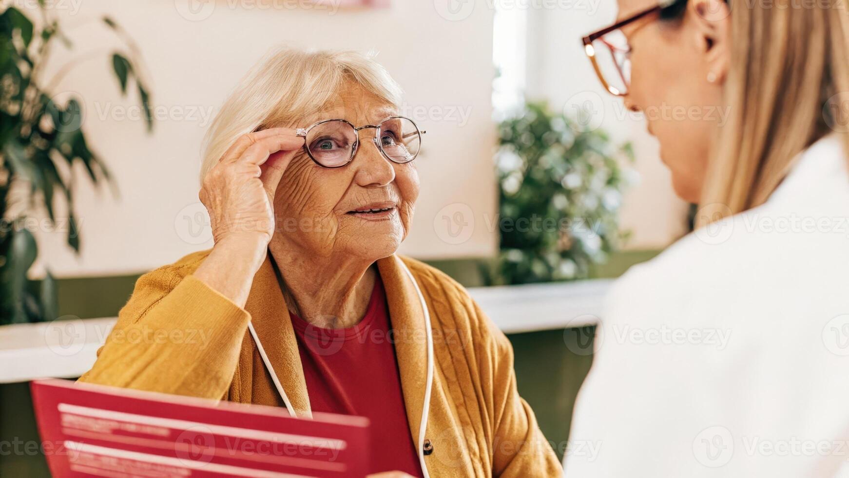 An elderly woman with glasses nodding thoughtfully during a consultation her expression reflecting both curiosity and concern as the consultant explains the implications of. photo