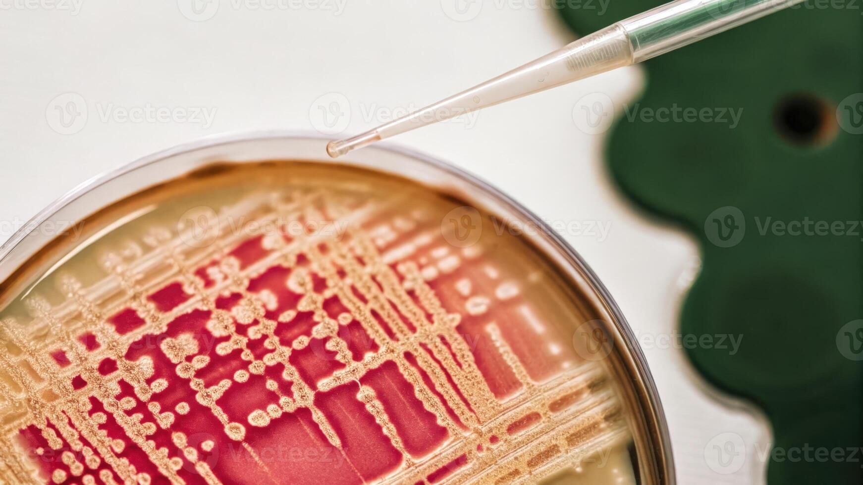 An overhead view of a petri dish containing bacterial colonies with a small pipette poised above ready to introduce CRISPR components for gene editing.. photo