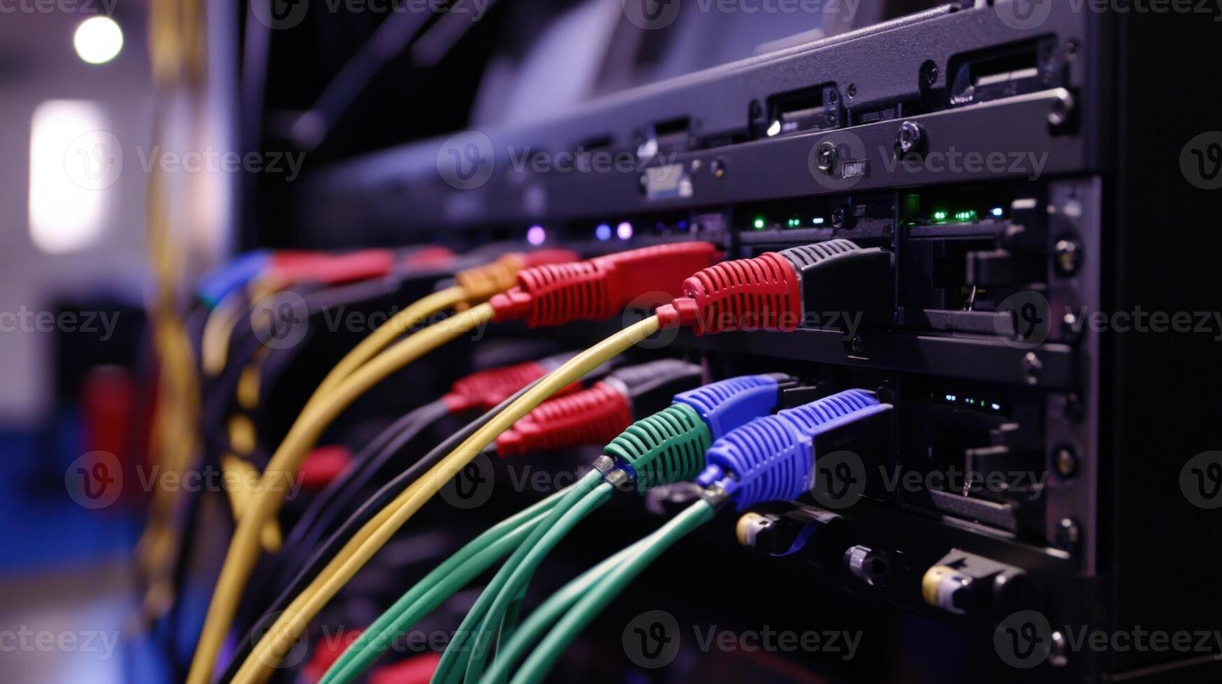 Network cables connecting to server in data center transmitting data photo