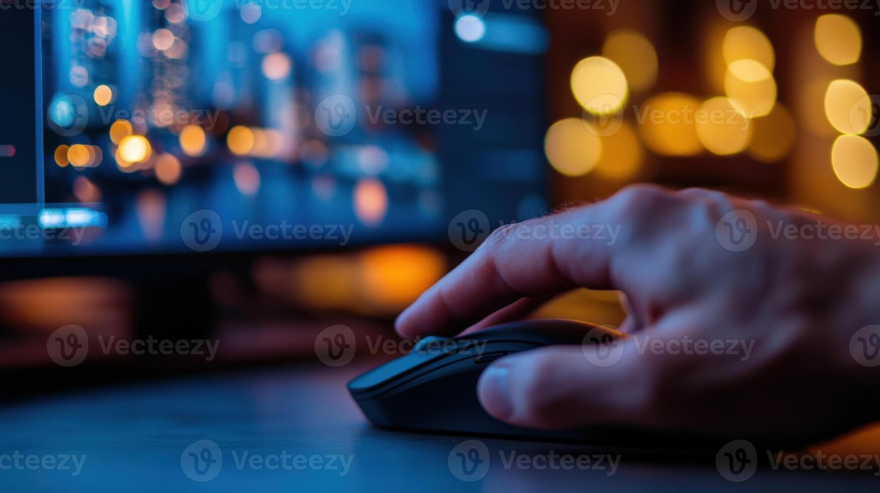 Hand navigating editing software in dimly lit studio photo