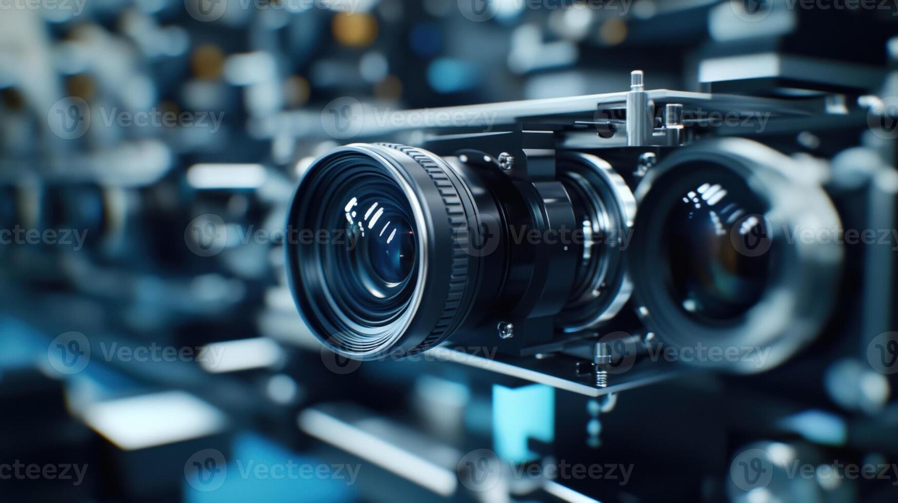 A closeup view of the lens testing apparatus showcasing a series of highresolution cameras and lasers aligned to measure optical distortions with a focus on the detailed mechanics tha photo