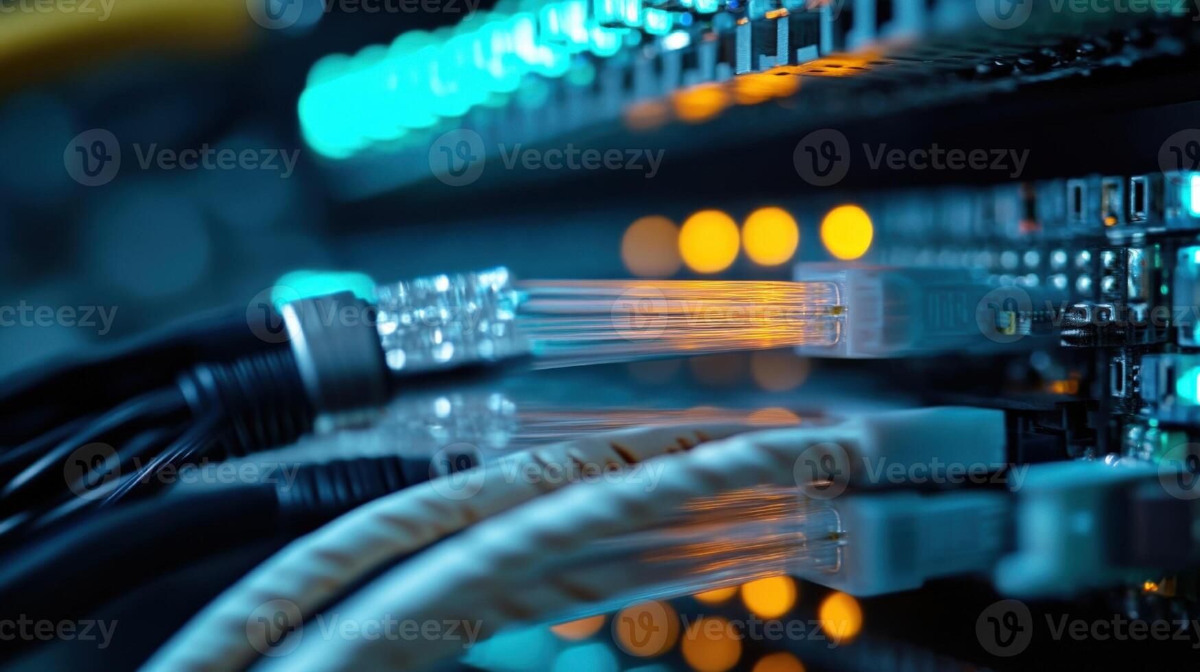Fiber optic cables connecting to network switch in data center photo