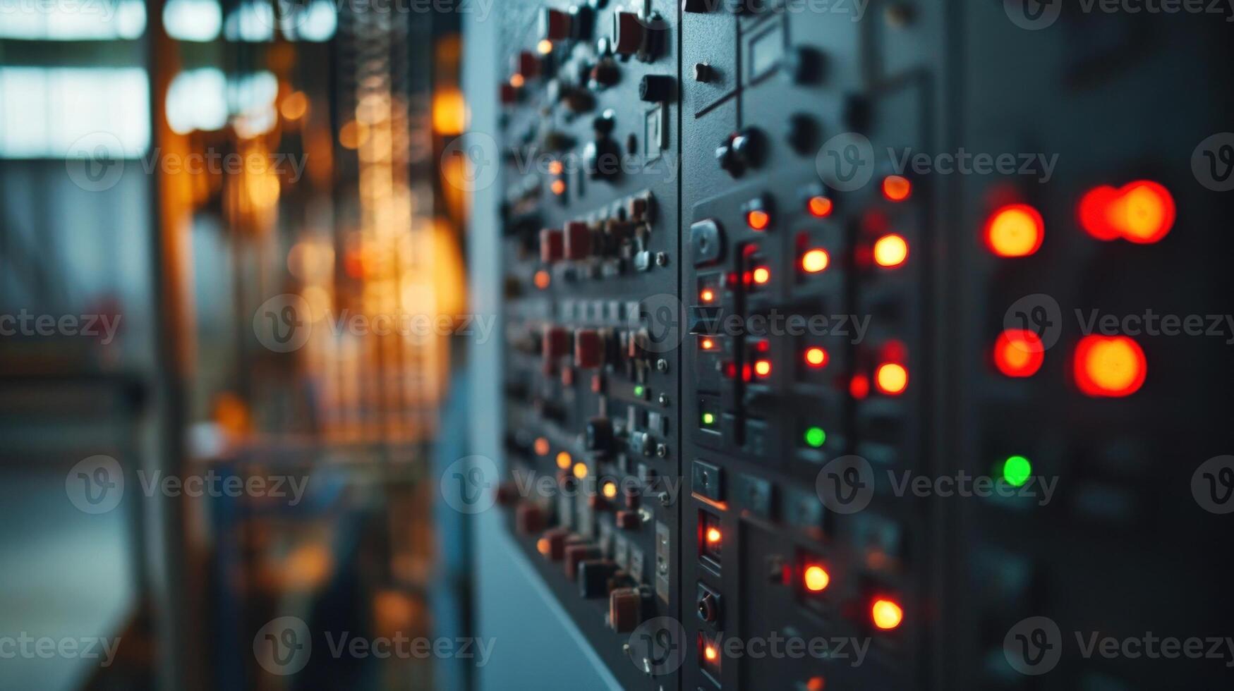 An overhead shot of a communication panel mounted on a wall showcasing multiple channels and indicator lights that signify active connections with a backdrop of a bustling crew environmen photo