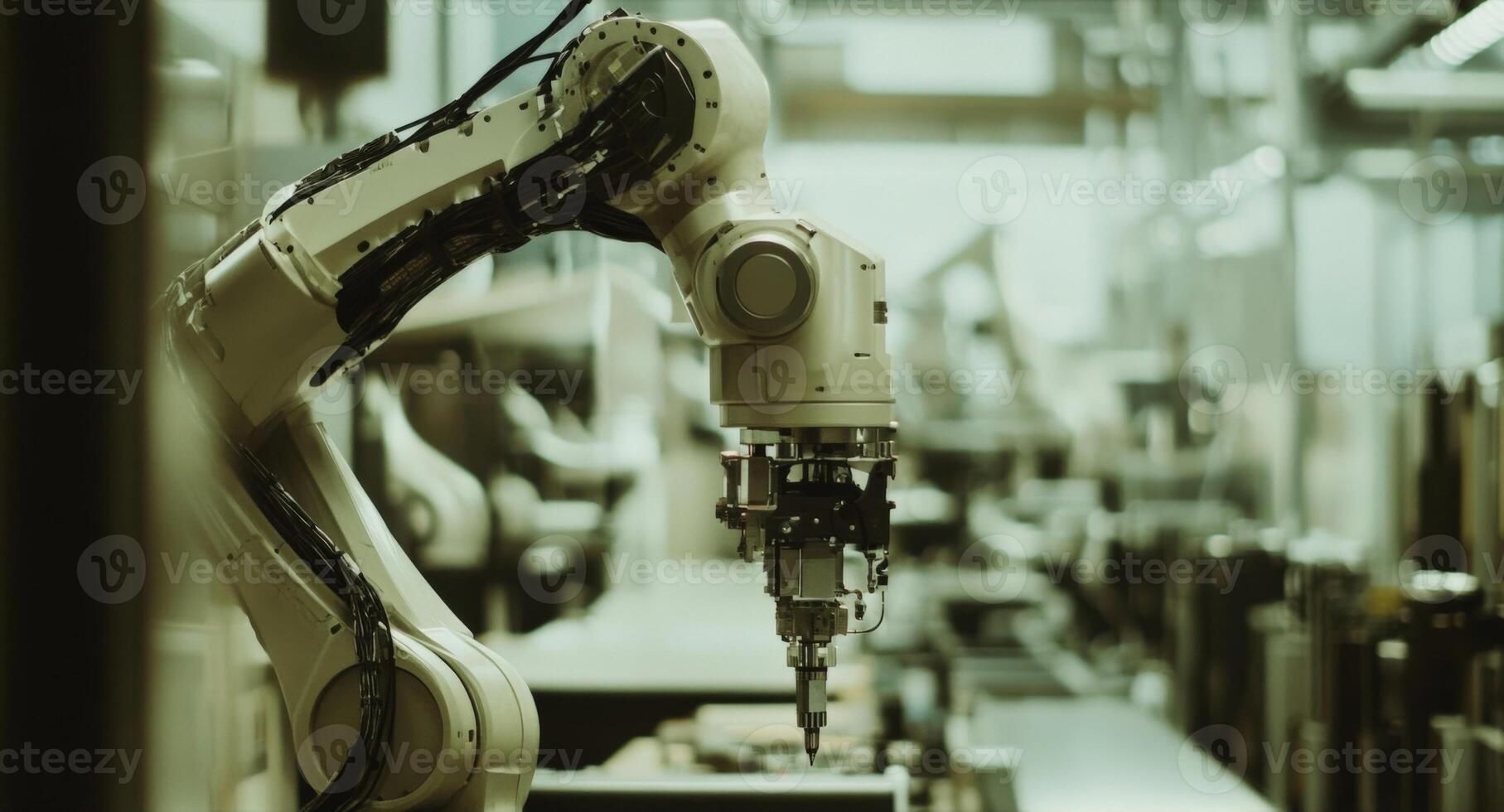 Robotic arm working in modern automated factory processing metal photo