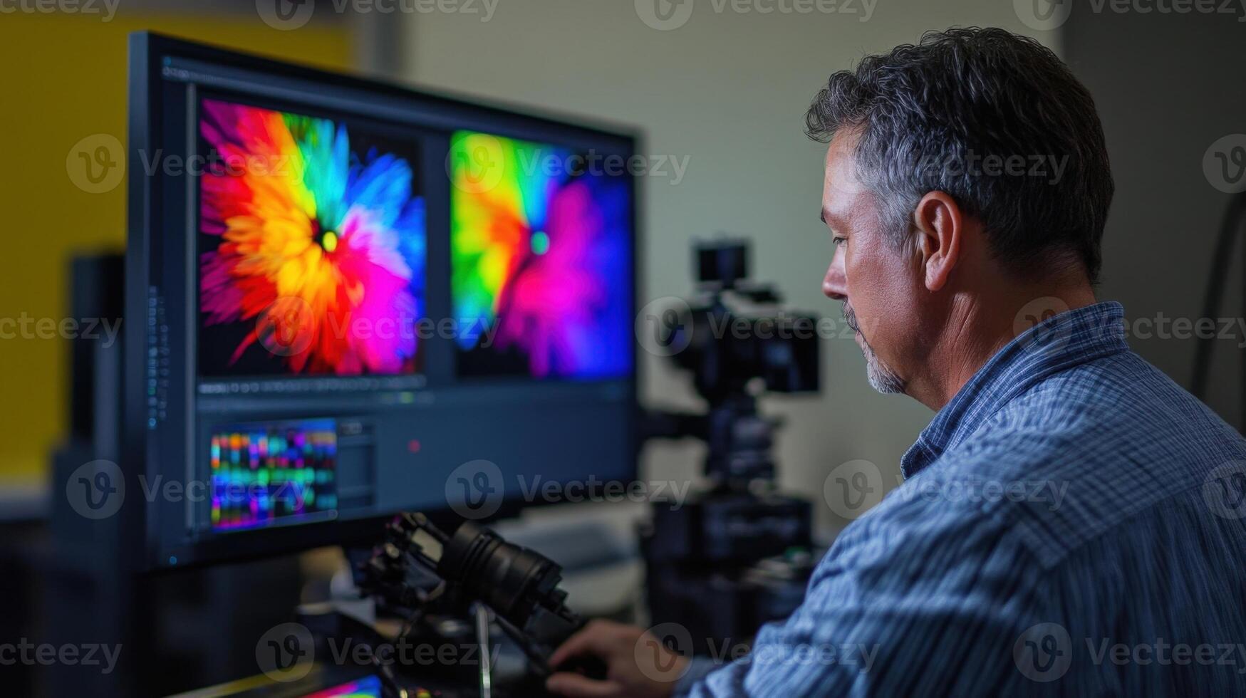 An operator meticulously adjusts the calibration device positioned in front of a highresolution monitor displaying a vibrant visual spectrum while a camera is set nearby for precis photo