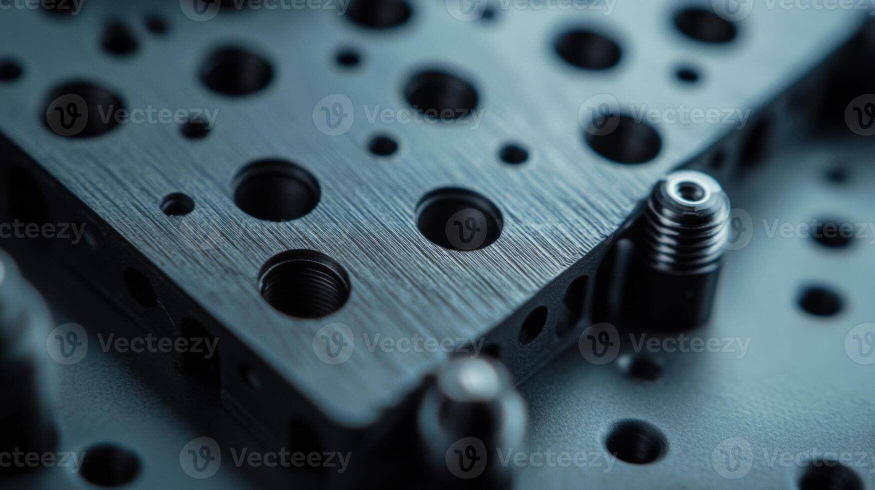 An extreme closeup of a seamless 3Dprinted camera plate highlighting its lightweight structure and a series of threaded holes arranged for optimal versatility in attaching various camer photo