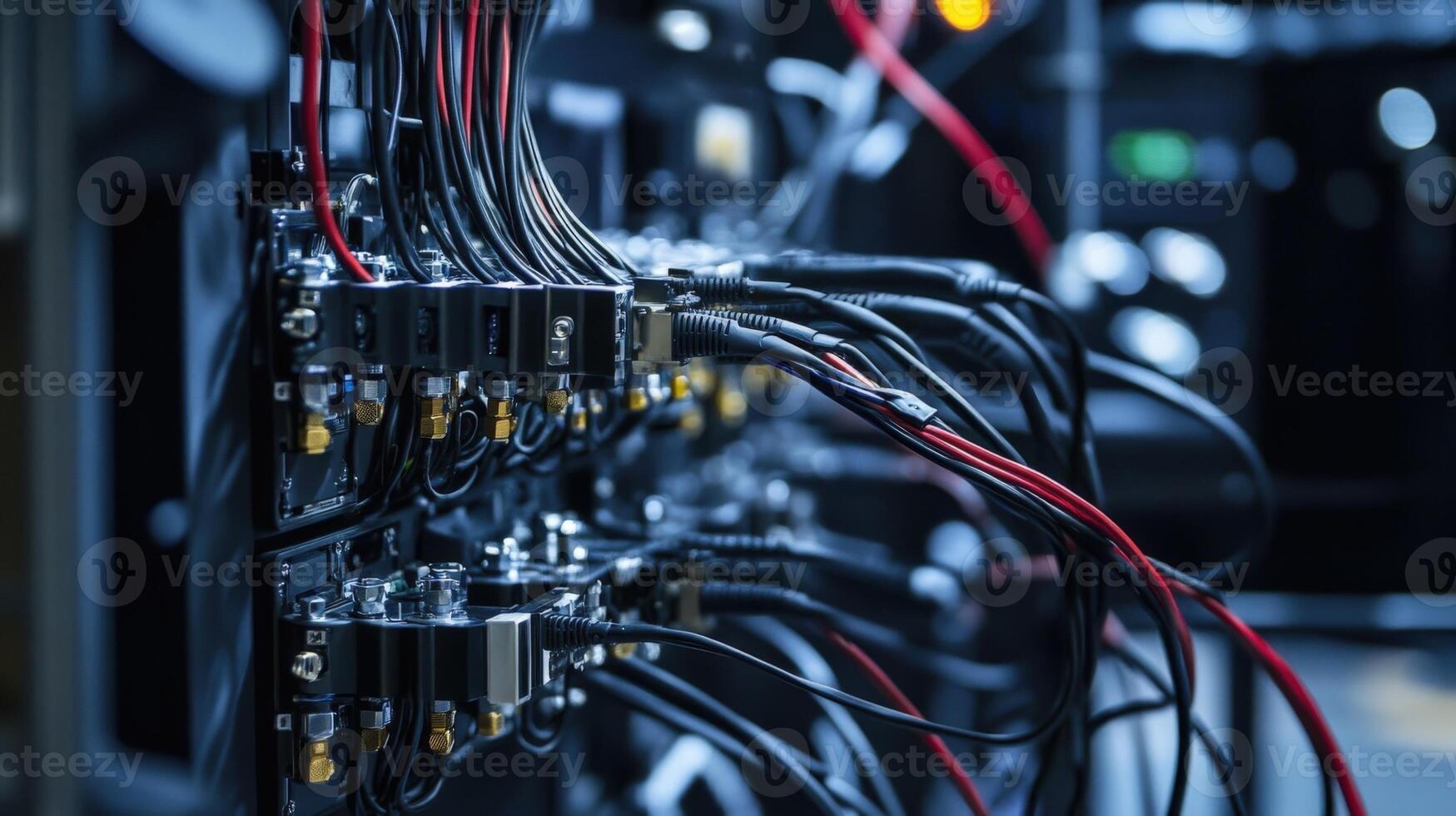A side view of a camera setup with fiberoptic cables radiating from multiple angles demonstrating the flexible routing of the cables through protective tubing and clamps ensuring photo