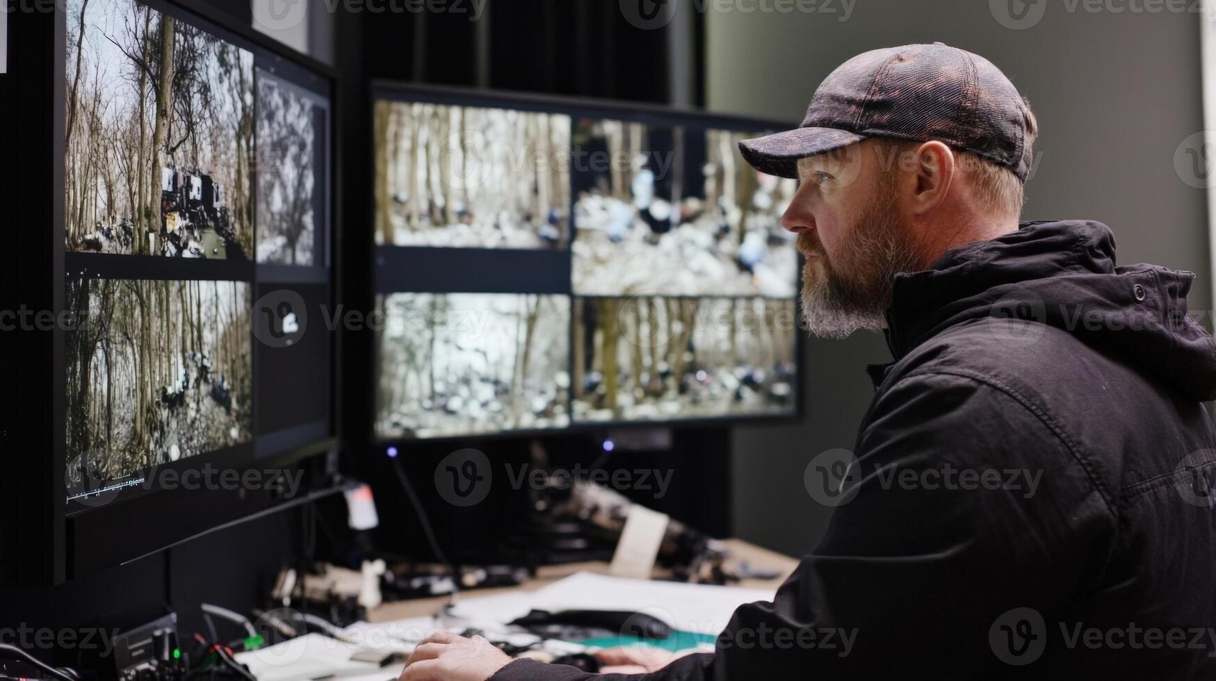 A behindthescenes shot of a director monitoring a series of screens showing simultaneous images from different camera angles illustrating the collaborative effort in capturing an even photo