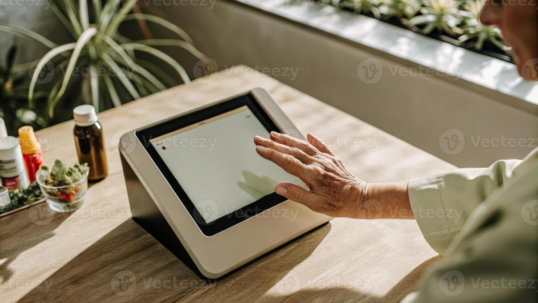 An older adult effortlessly swipes through a touchscreen interface of a portable DNA sequencer with a backdrop of colorful supplements and health guides that signify a commitment. photo