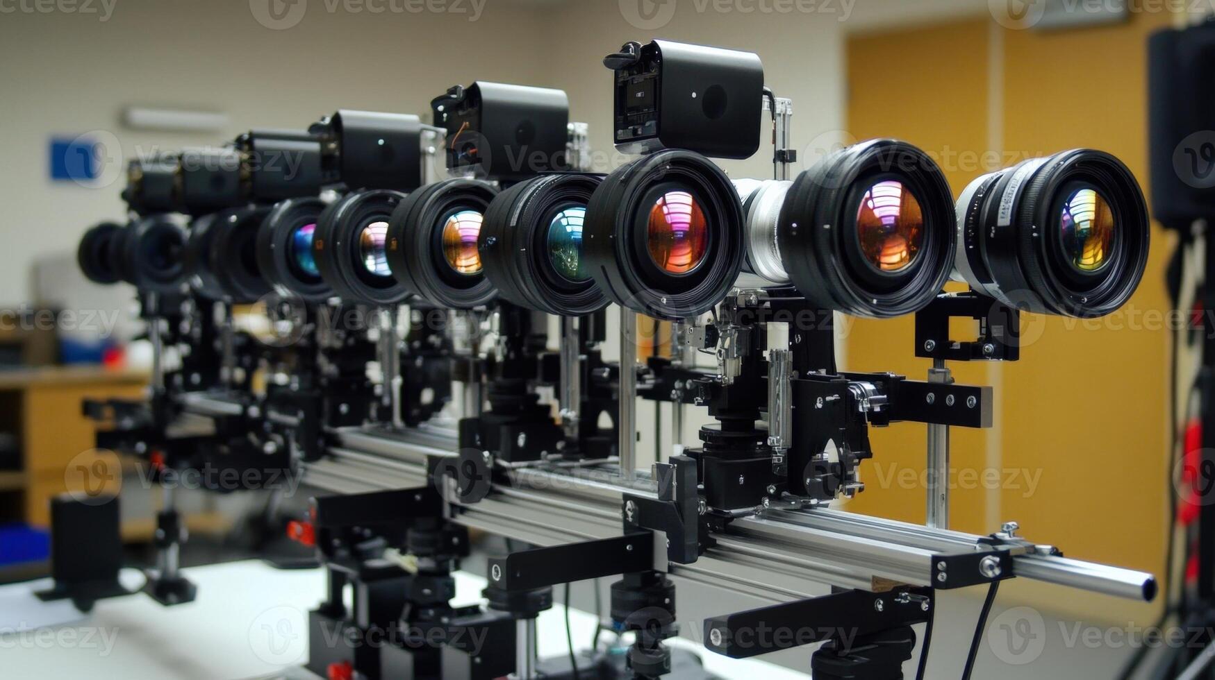 An experimental camera rig with multiple lenses equipped with adaptive optical filters that dynamically adjust to ambient light levels highlighting their role in minimizing grainines photo