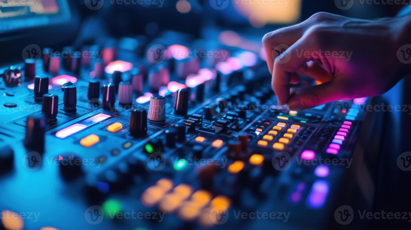 Sound engineer mixing music on audio mixing console in a recording studio photo