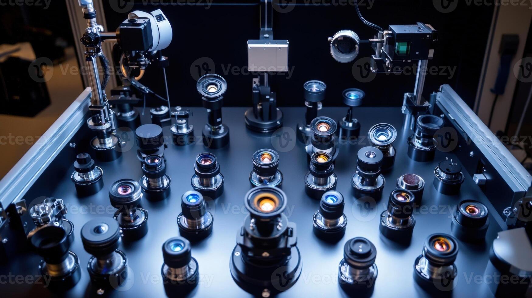 Array of professional camera lenses for filmmaking photo