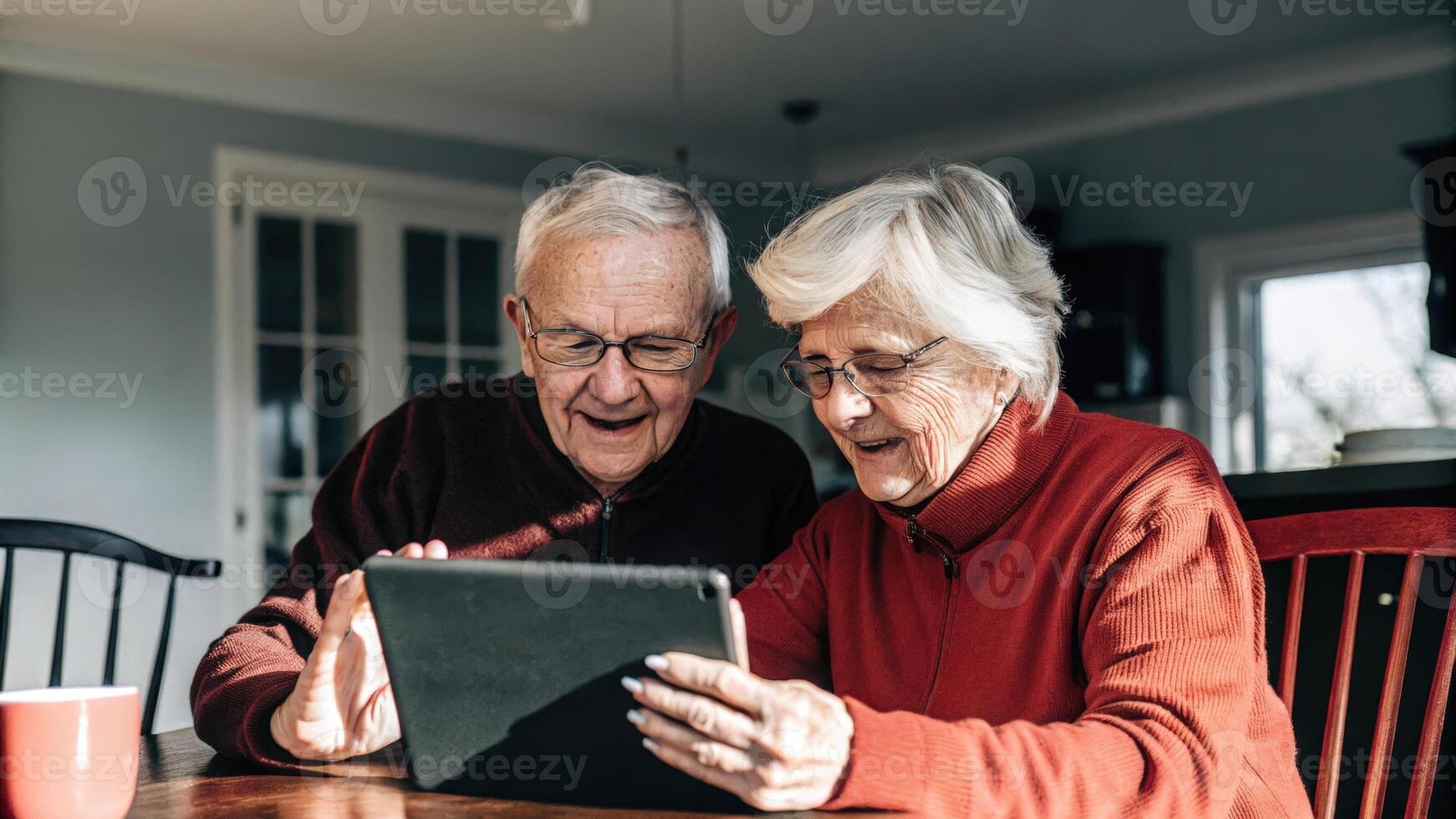 An older couple huddled together at a kitchen table sharing a tablet their expressions a mix of curiosity and excitement as they explore digital health apps that help optimize. photo