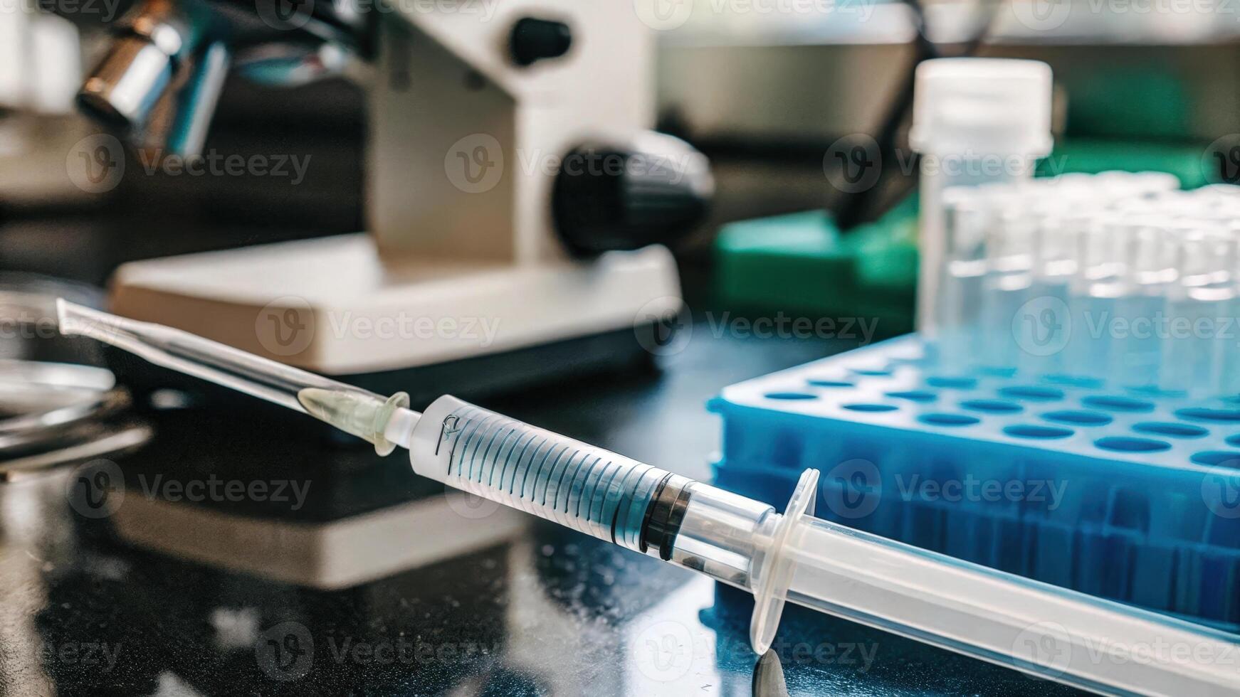 Detailed image of a syringe filled with a CRISPRrelated solution resting next to a lab bench indicating preparation for gene editing procedures on human cells.. photo