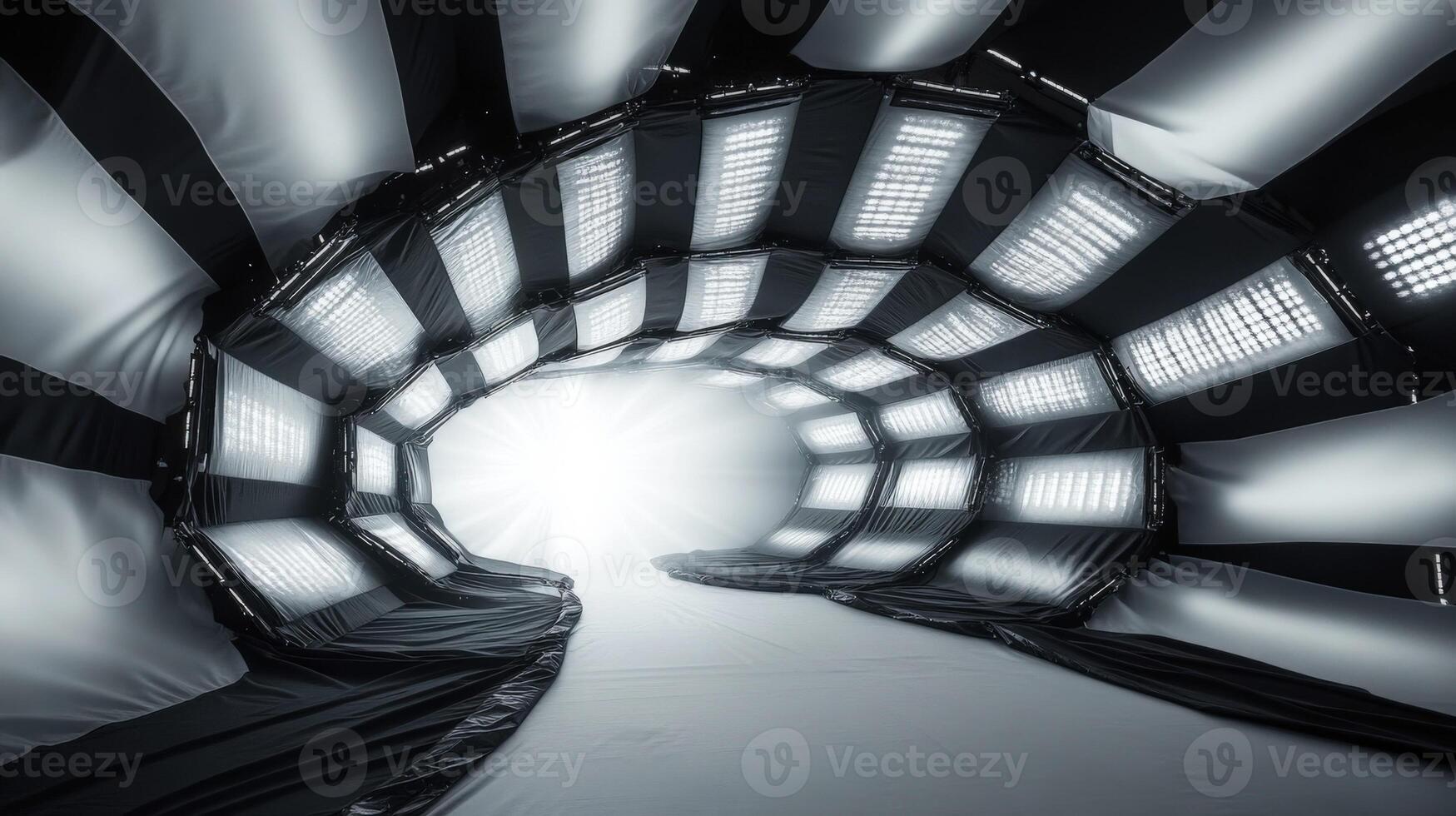 Light panels illuminating inflatable tunnel structure for filmmaking photo